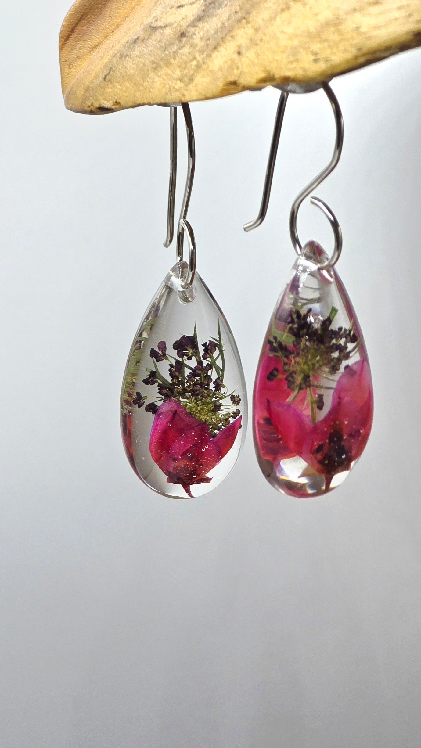 Earrings featuring wildflower specimens of Preserved Boronia & Chocolate Queen Annes Lace secured on a .925 Sterling Silver Hook