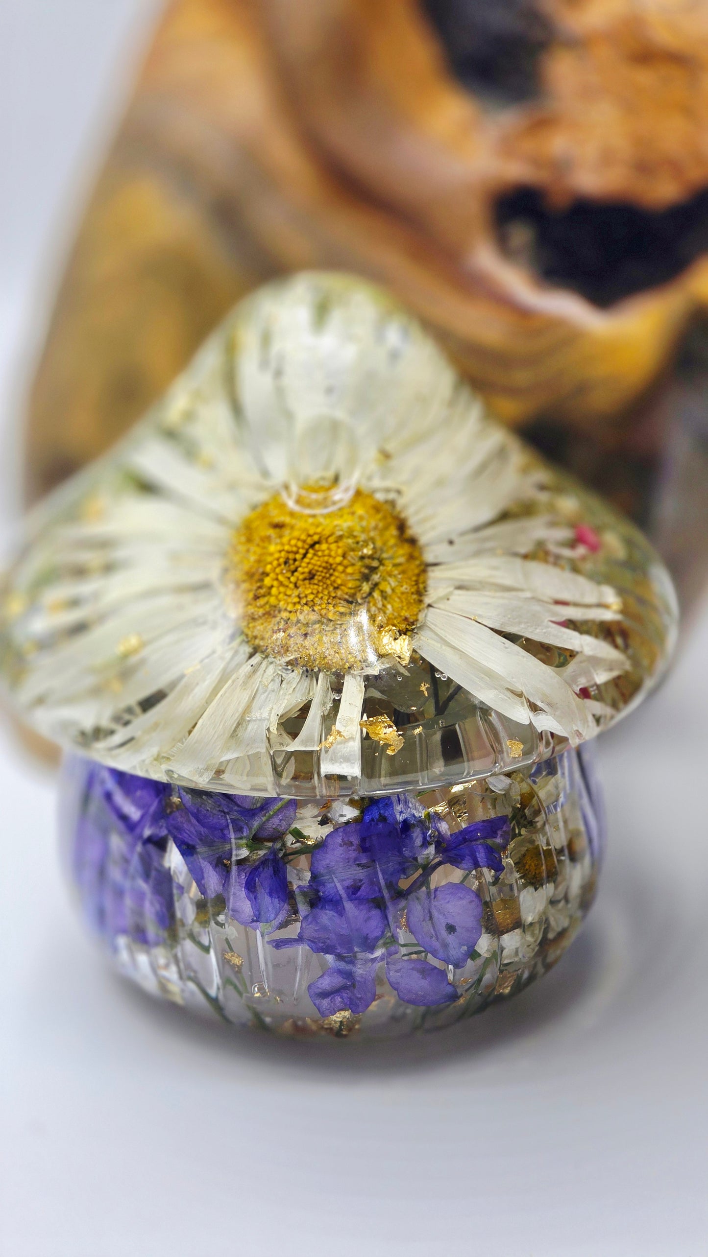 Mushroom Trinket Jar featuring Real Preserved Preserved Peppercorn, Shasta Daisy, Chamomile, Hydrangea, Larkspur, Delphinium & Queen Anne's Lace