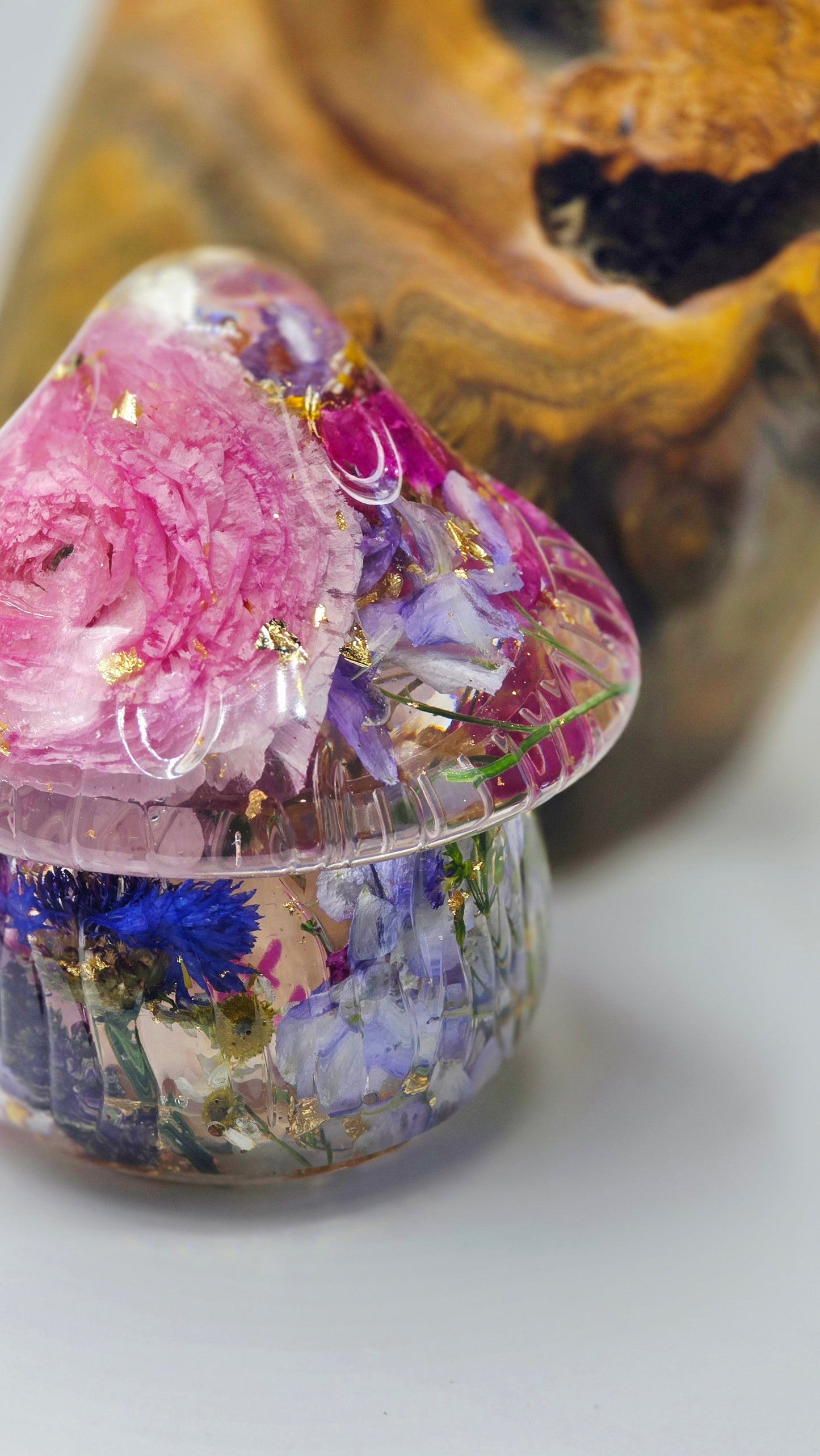 Mushroom Trinket Jar featuring Real Preserved Primula, Butterfly Delphinium, Stock, Snapdragon, Cornflower, Chamomile, Bellflower & Ranunculus set in resin