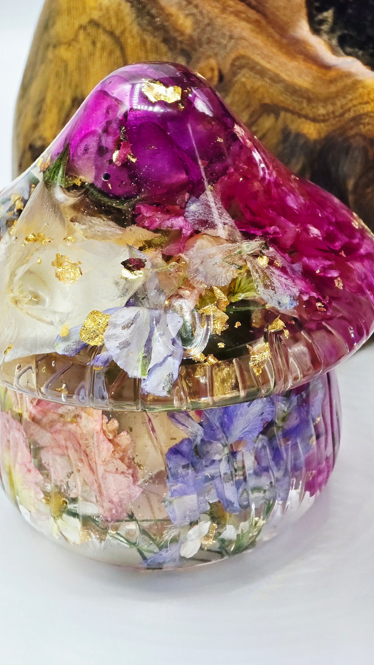 Mushroom Trinket Jar featuring Preserved Delphinium, Stock, Orchid, Rose, Ranunculus, Carnation, Lavender & Chamomile set in Resin