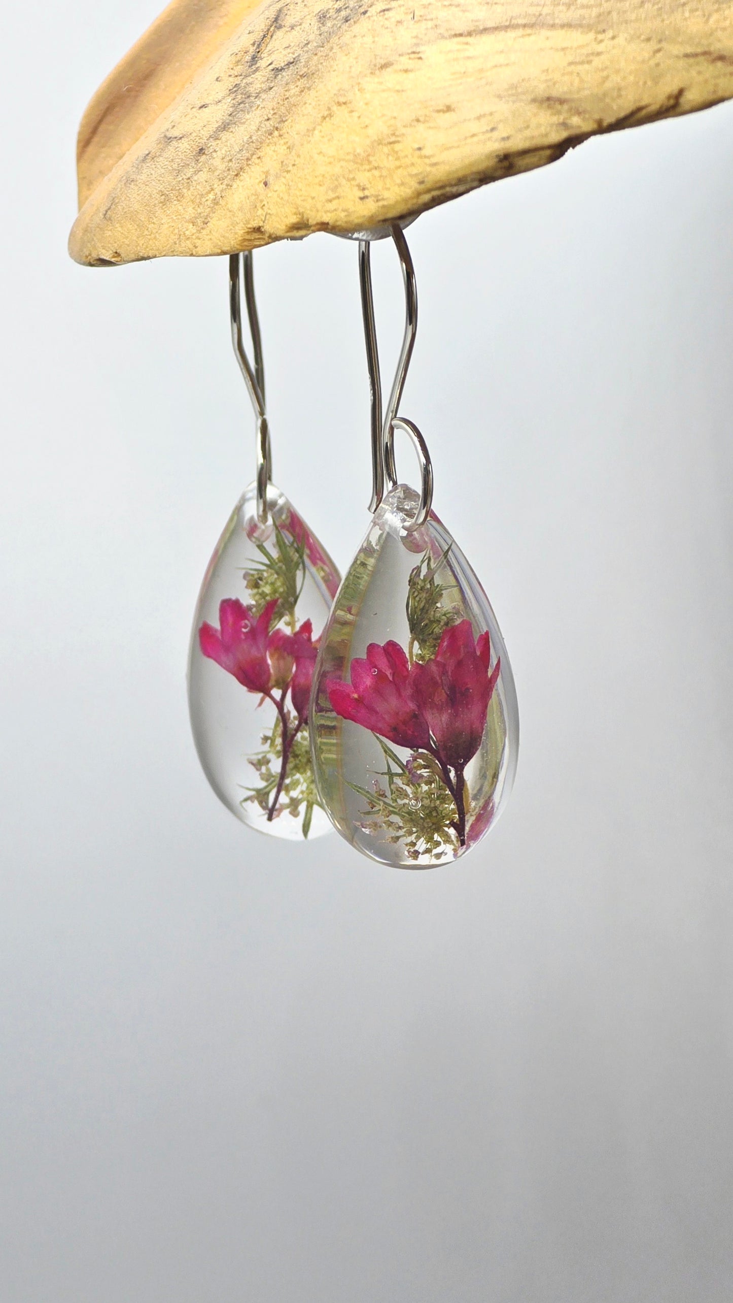 Earrings featuring wildflower specimens of Preserved Coral Bells & Queen Annes Lace, secured on a .925 Sterling Silver Hook