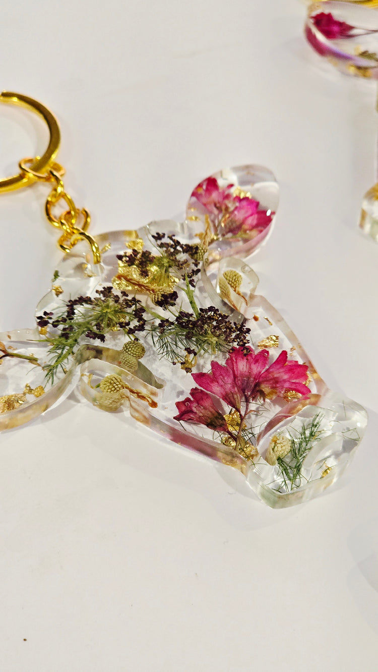 Cow Head Keyring with Preserved Flowers