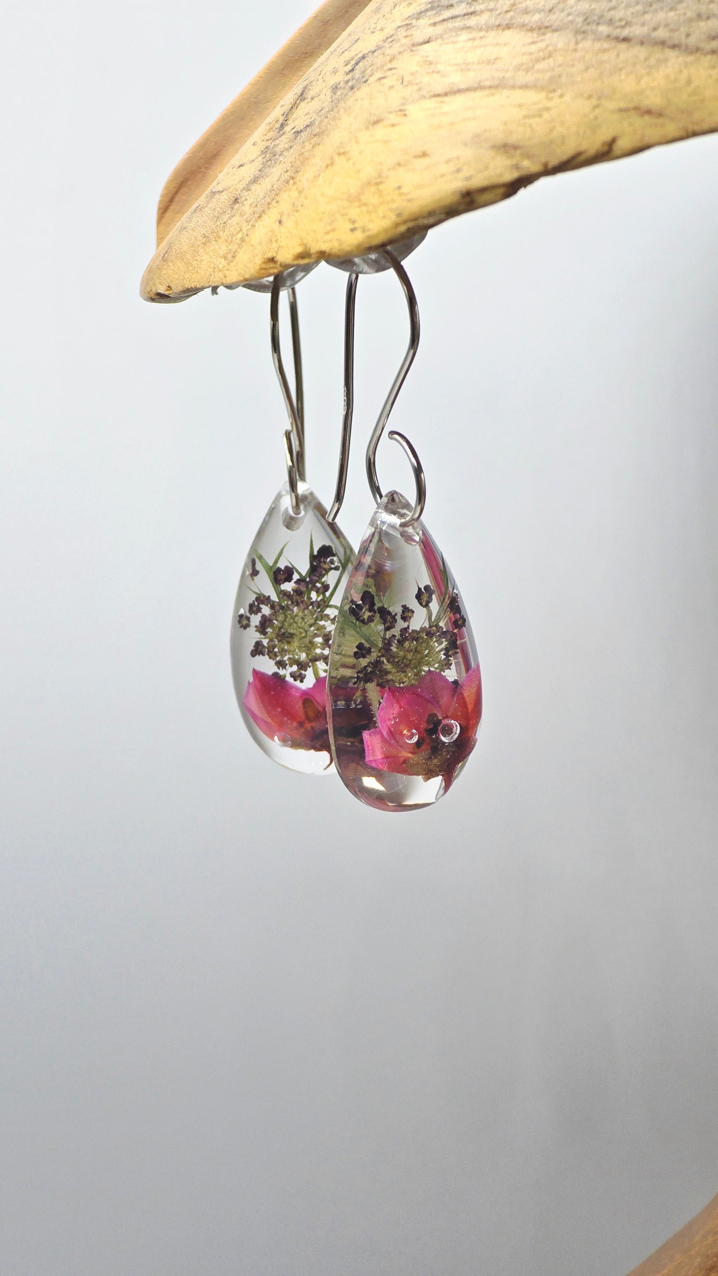 Earrings featuring wildflower specimens of Preserved Boronia & Chocolate Queen Annes Lace, secured on a .925 Sterling Silver Hook