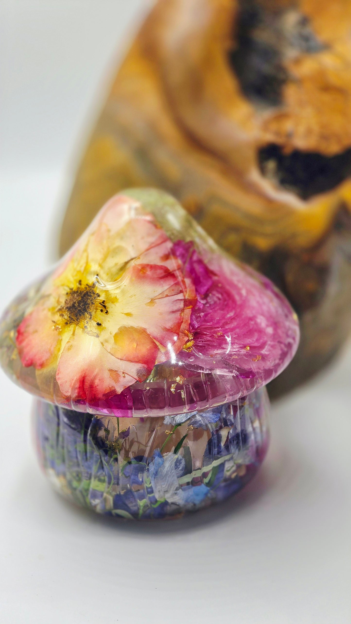 Mushroom Trinket Jar featuring real Preserved David Austen Rose, Ranunculus, Queen Anne's Lace, Stock, Forget-me-not, Delphinium, Bougainvillia & Chamomile set in Resin