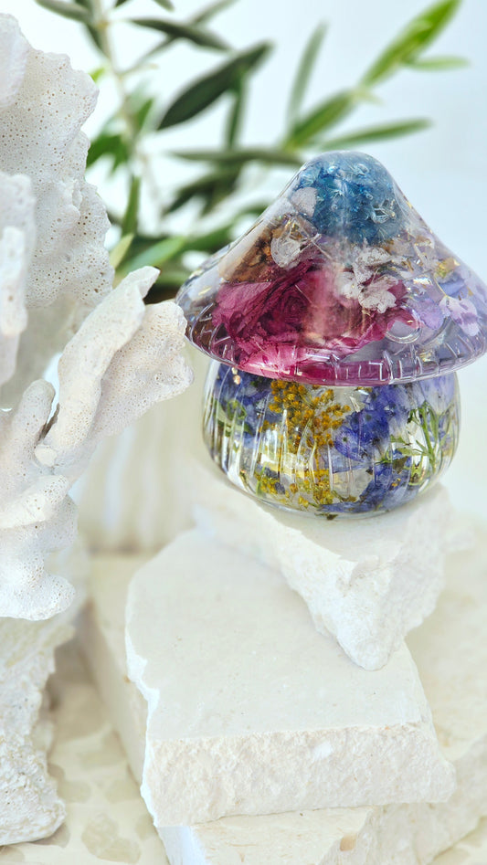 Mushroom Trinket Jar with real Preserved Flowers