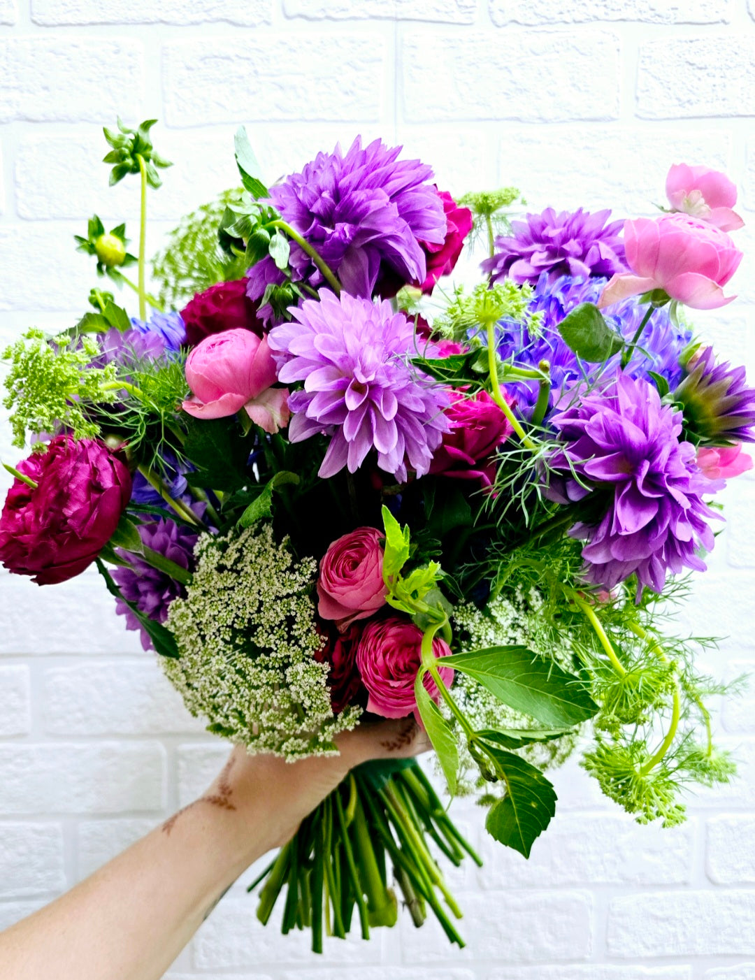 Lazy Susan, 450mm - featuring Red Mallee, Queen Anne's Lace, Dahlias, Grandiflora Roses, Sea Holly and Spray Roses