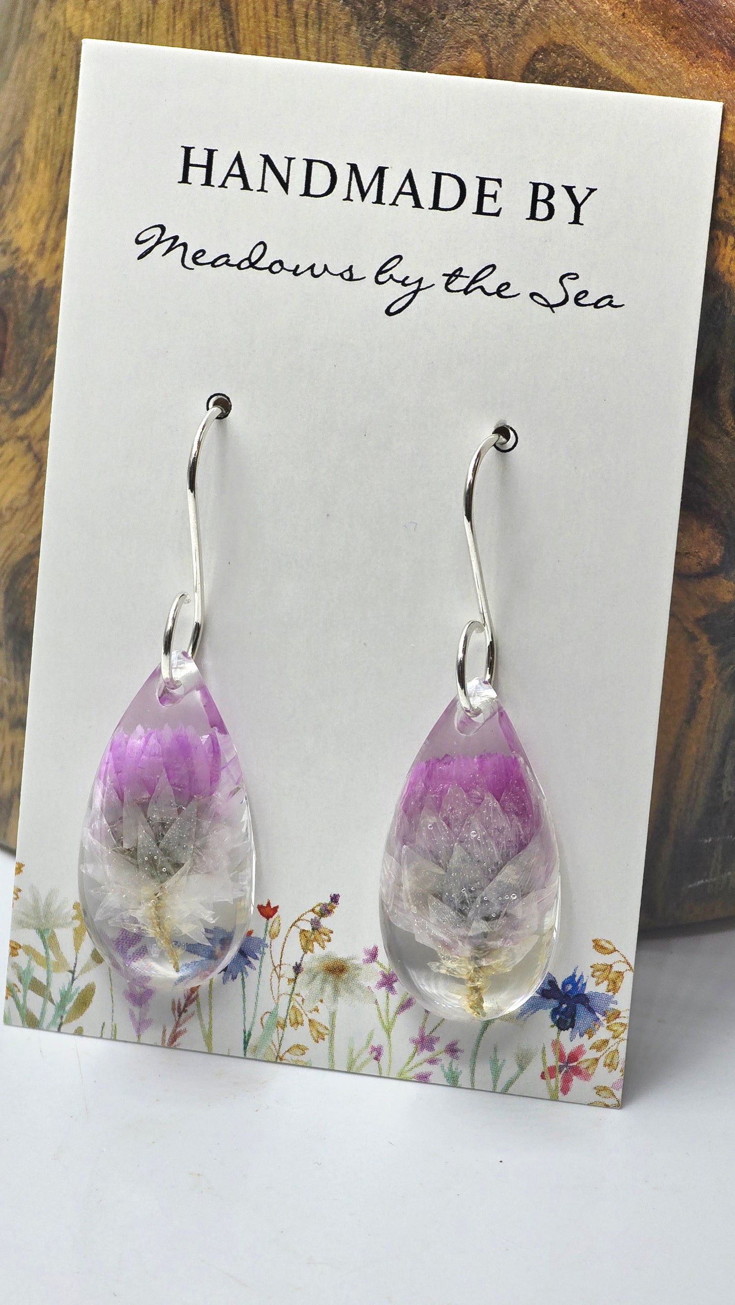 Earrings featuring wildflower specimens of Preserved Rhodanthe, Pink Paper Daisy, secured on a .925 Sterling Silver Hook