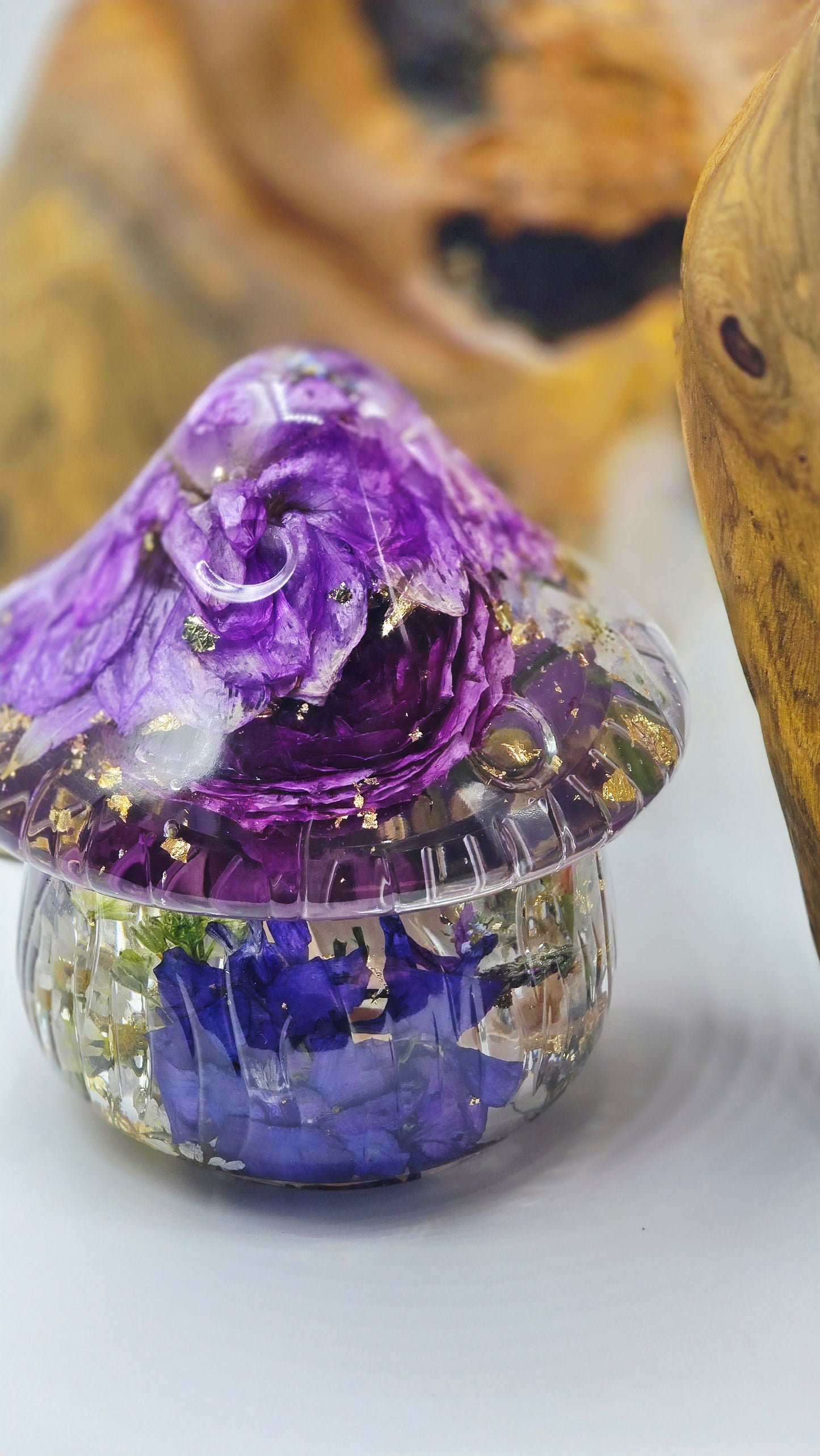 Mushroom Trinket Jar featuring Real Preserved Dahlia, Rose, Delphinium, Larkspur, Snapdragon, Lavender & Chamomile set in resin