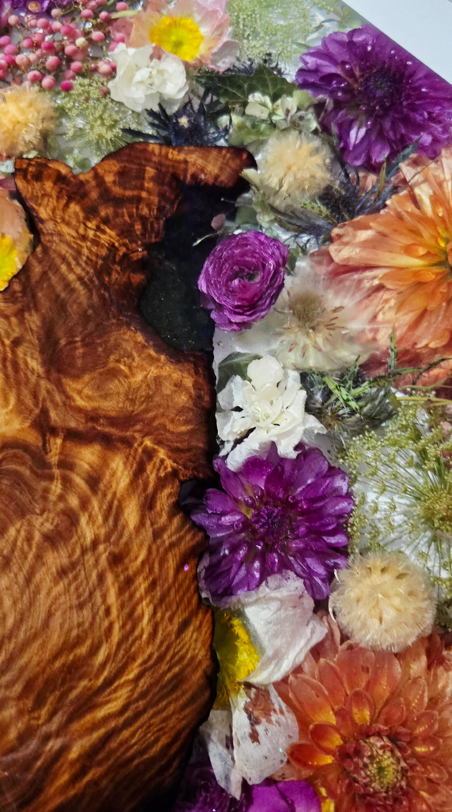 Flower Board featuring Dahlias, Peppercorn, Poppies, Scabiosa, Sea Holly, Hydrangea, Blushing Bride and Queen Anne's Lace set in Resin with Timber