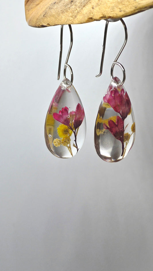 Earrings featuring wildflower specimens of Preserved Coral Bells & Wattle, secured on a .925 Sterling Silver Hook
