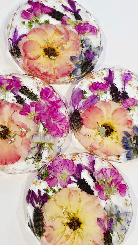 Coaster Set featuring David Austin Roses, Lavender, Primula, Stock & Gold Flakes set in Resin, Set of 4