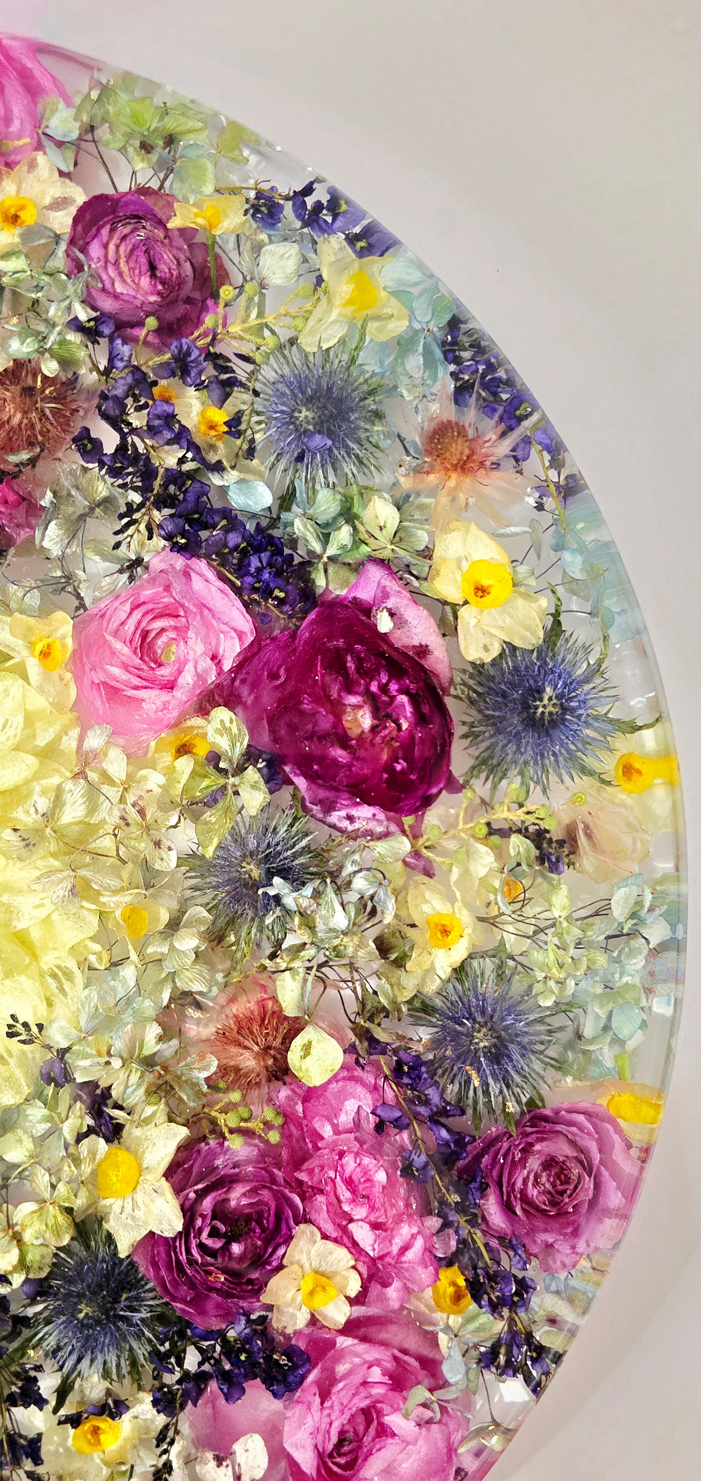 450mm Round Flower Board, complete with Lazy Susan, featuring  real preserved Ranunculus, Dahlias, Hydrangeas, pink Roses, Sea Holly, Hardenbergia, Jonquils & Blushing Bride set in Resin