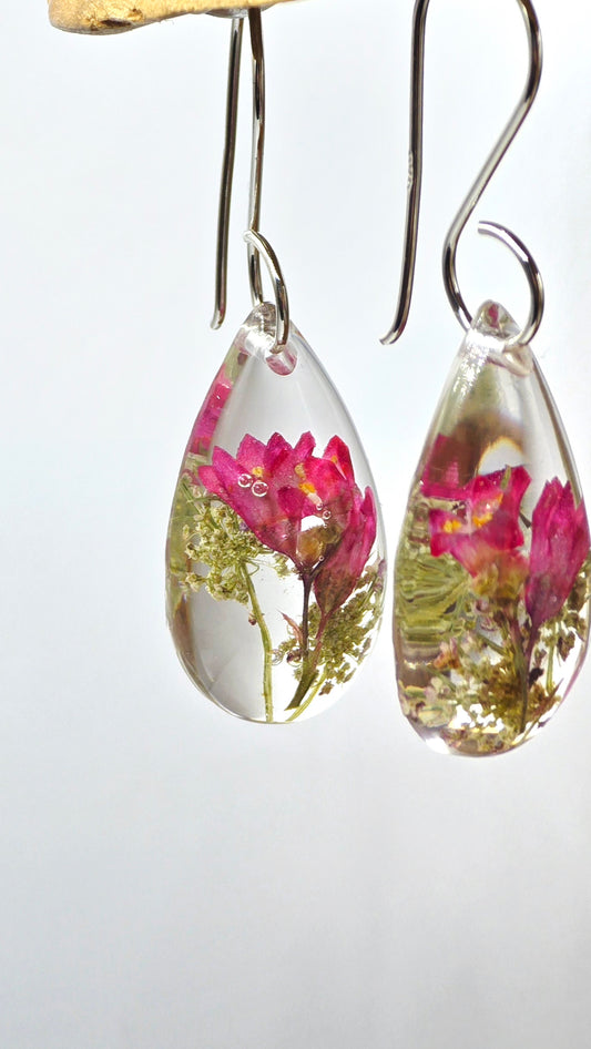 Earrings featuring wildflower specimens of Preserved Coral Bells & Queen Annes Lace, secured on a .925 Sterling Silver Shepherd Hook