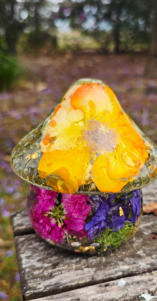 Mushroom Trinket Jar featuring Real Preserved David Austen Rose, Stock, Delphinium, Queen Annes Lace, Hydrangea, Larkspur, Lavender, Chamomile & Forget-me-not set in Resin
