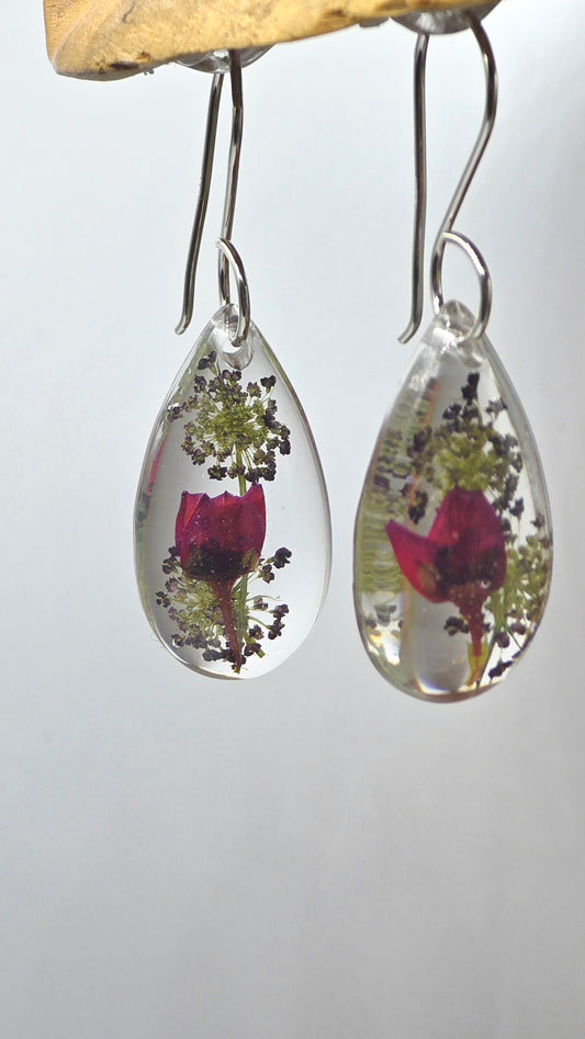 Earrings featuring wildflower specimens of Preserved Boronia & Chocolate Queen Anne's Lace, secured on a .925 Sterling Silver Hook