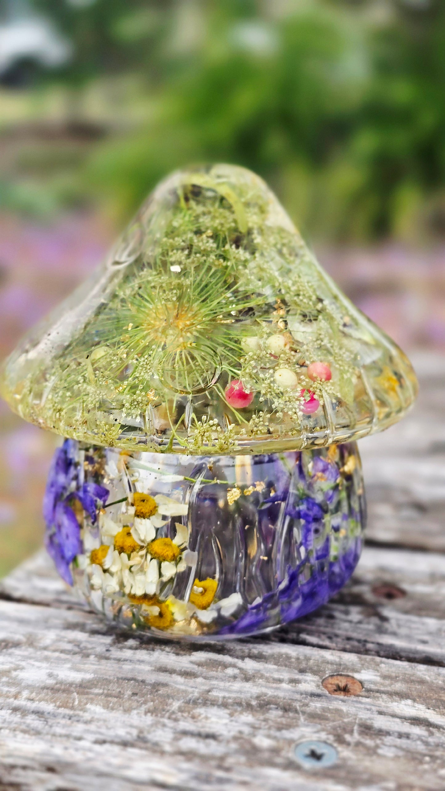 Mushroom Trinket Jar featuring Real Preserved Preserved Peppercorn, Shasta Daisy,  Chamomile, Hydrangea, Larkspur, Delphinium & Queen Anne's Lace