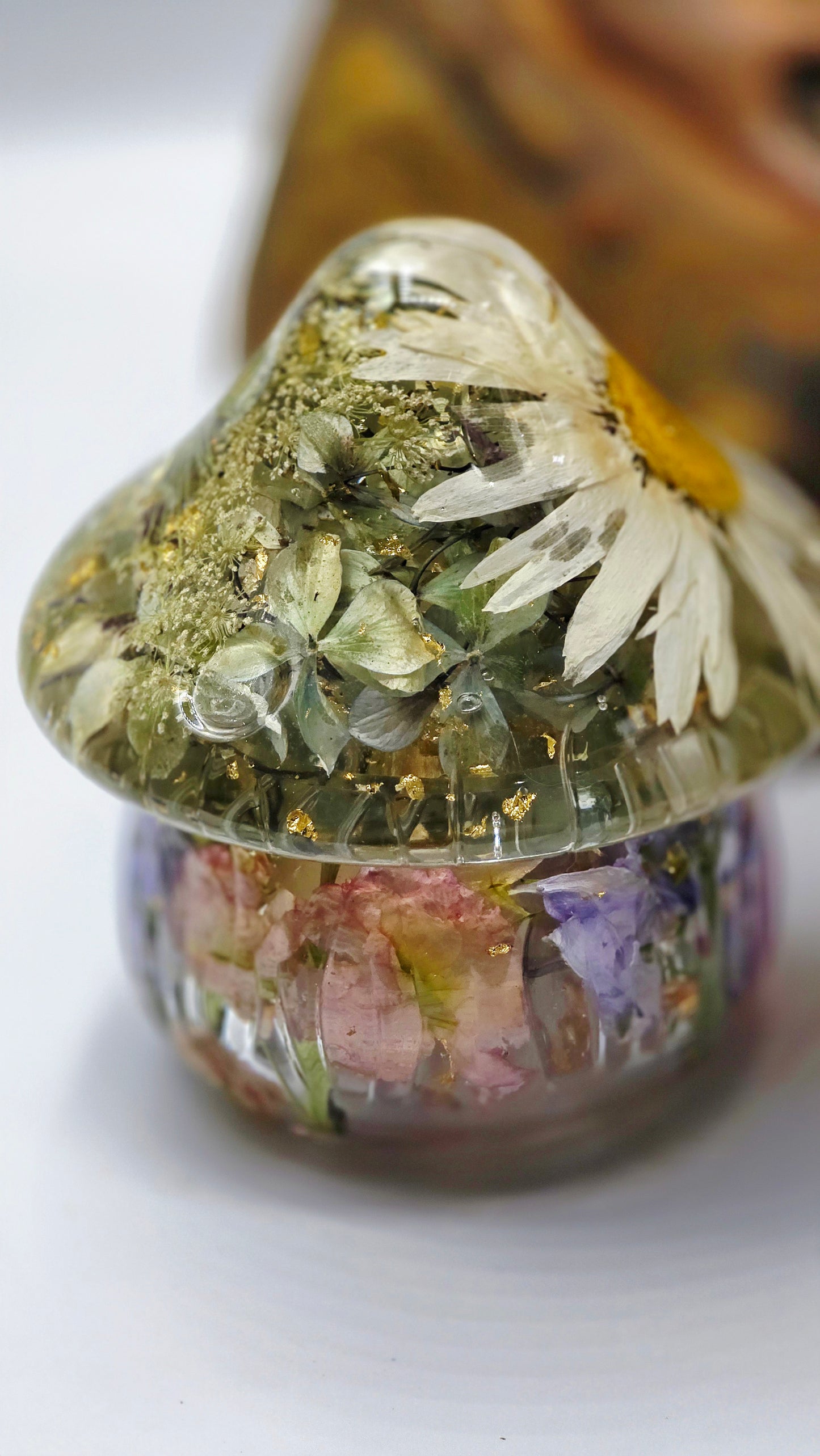 Mushroom Trinket Jar featuring real Preserved Queen Annes Lace, Shasta Daisy, Hydrangea, Delphinium, Lavender, Snapdragon & Stock set in Resin