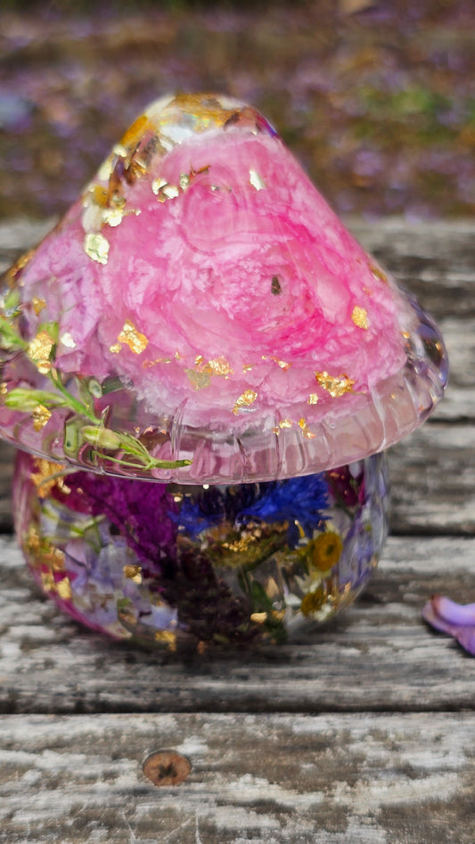 Mushroom Trinket Jar featuring Real Preserved Primula, Butterfly Delphinium, Stock, Snapdragon, Cornflower, Chamomile, Bellflower & Ranunculus set in resin