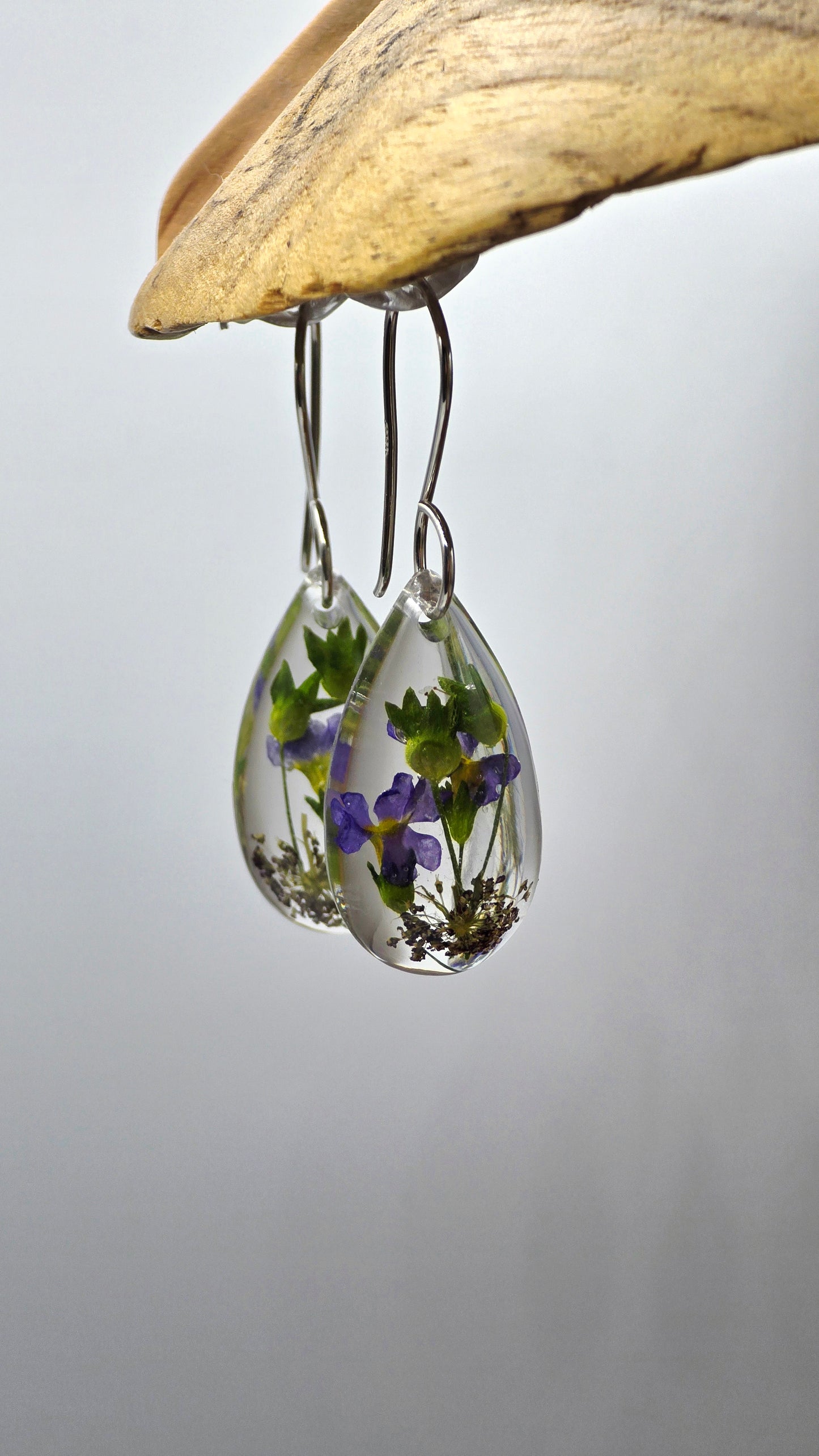 Earrings featuring wildflower specimens of Preserved Primula & Chocolate Queen Annes Lace, secured on a .925 Sterling Silver Hook