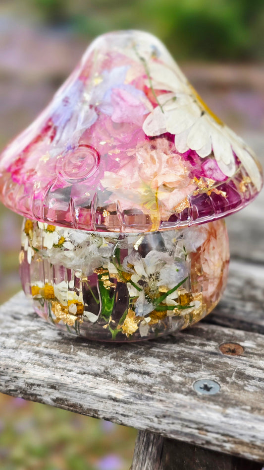 Mushroom Trinket Jar featuring real Preserved Shasta Daisy, Ranunculus, Carnation, Stock, Butterfly Delphinium, Chamomile & Forget-me-not set in resin