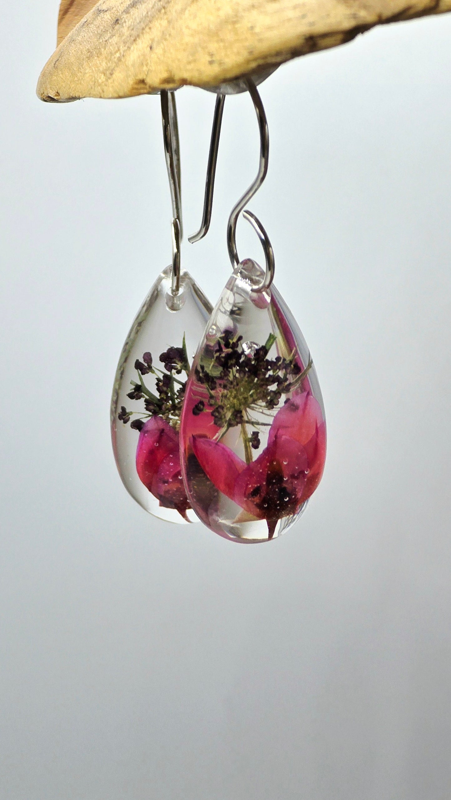 Earrings featuring wildflower specimens of Preserved Boronia & Chocolate Queen Annes Lace secured on a .925 Sterling Silver Hook