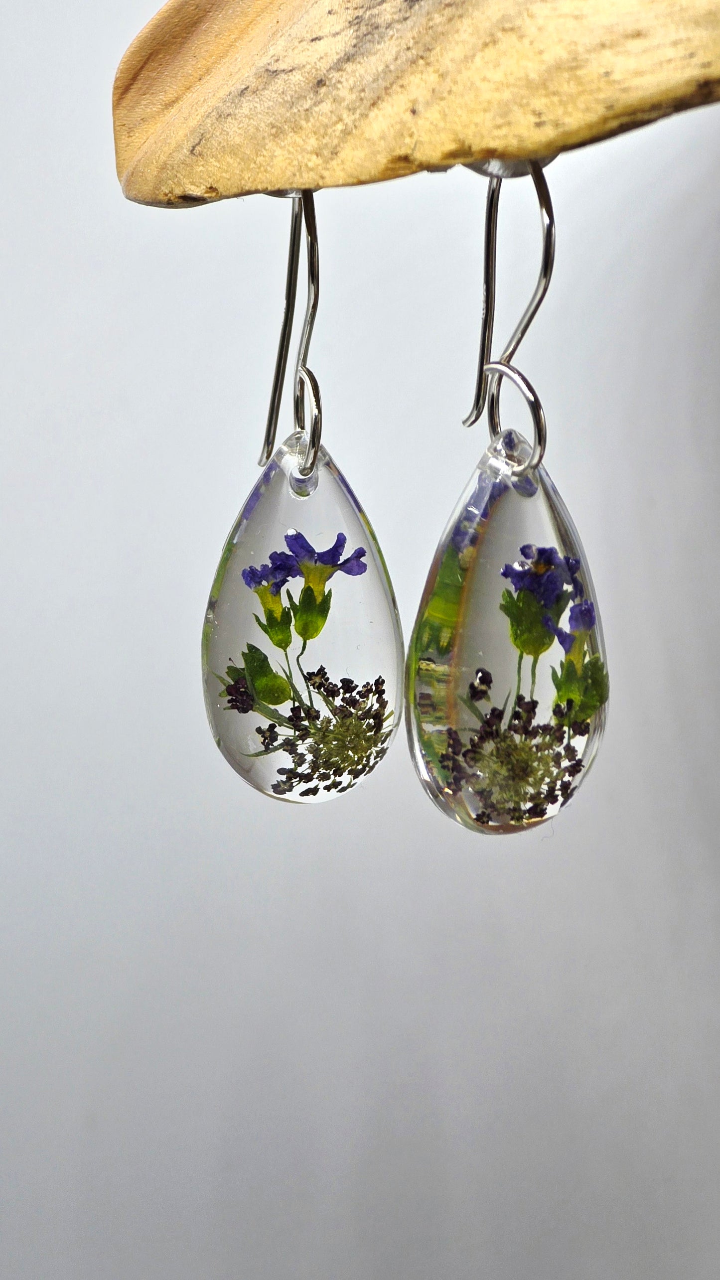 Earrings featuring wildflower specimens of Preserved Primula & Chocolate Queen Annes Lace, secured on a .925 Sterling Silver Shepherd Hook