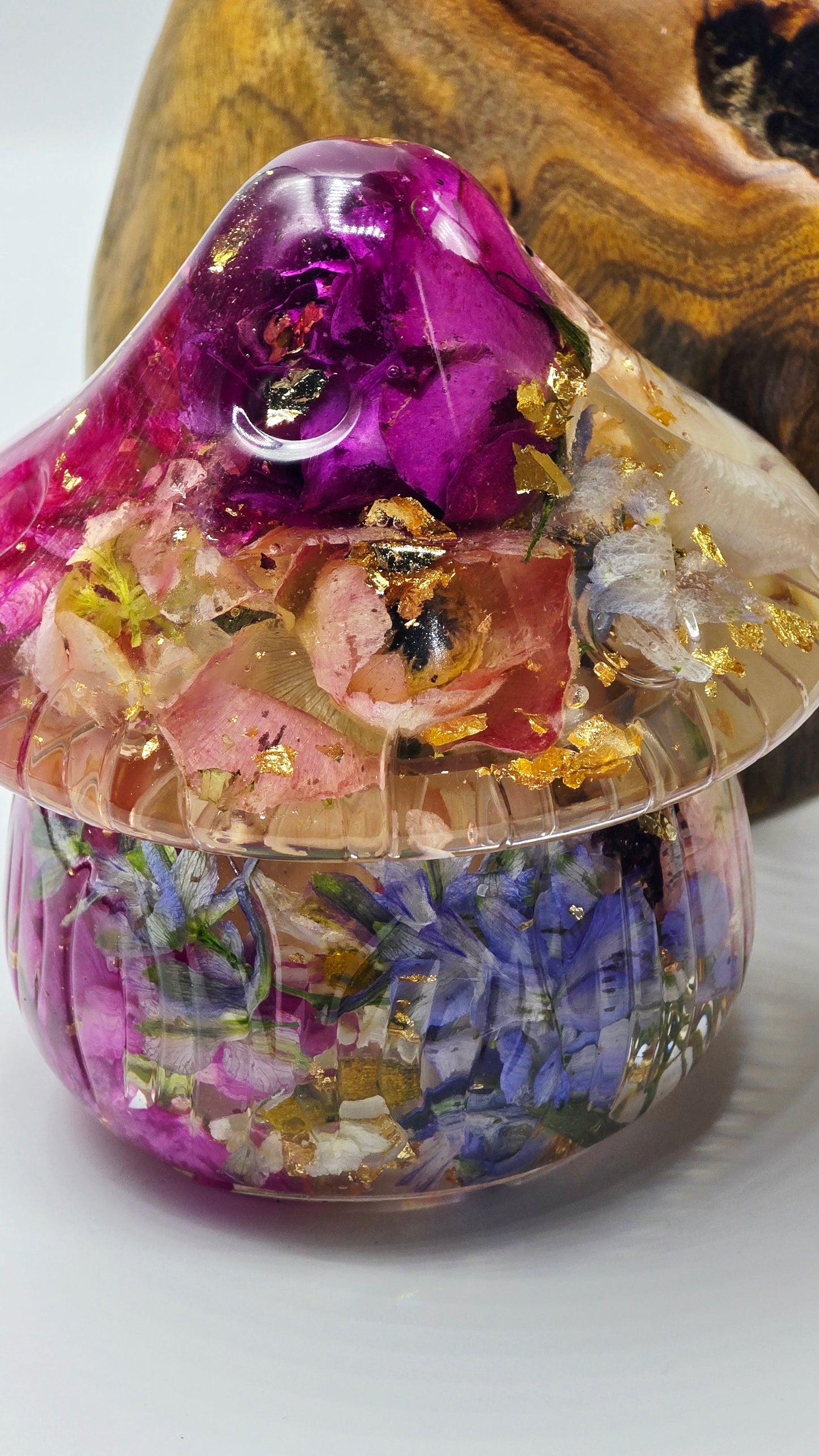 Mushroom Trinket Jar featuring Preserved Delphinium, Stock, Orchid, Rose, Ranunculus, Carnation, Lavender & Chamomile set in Resin