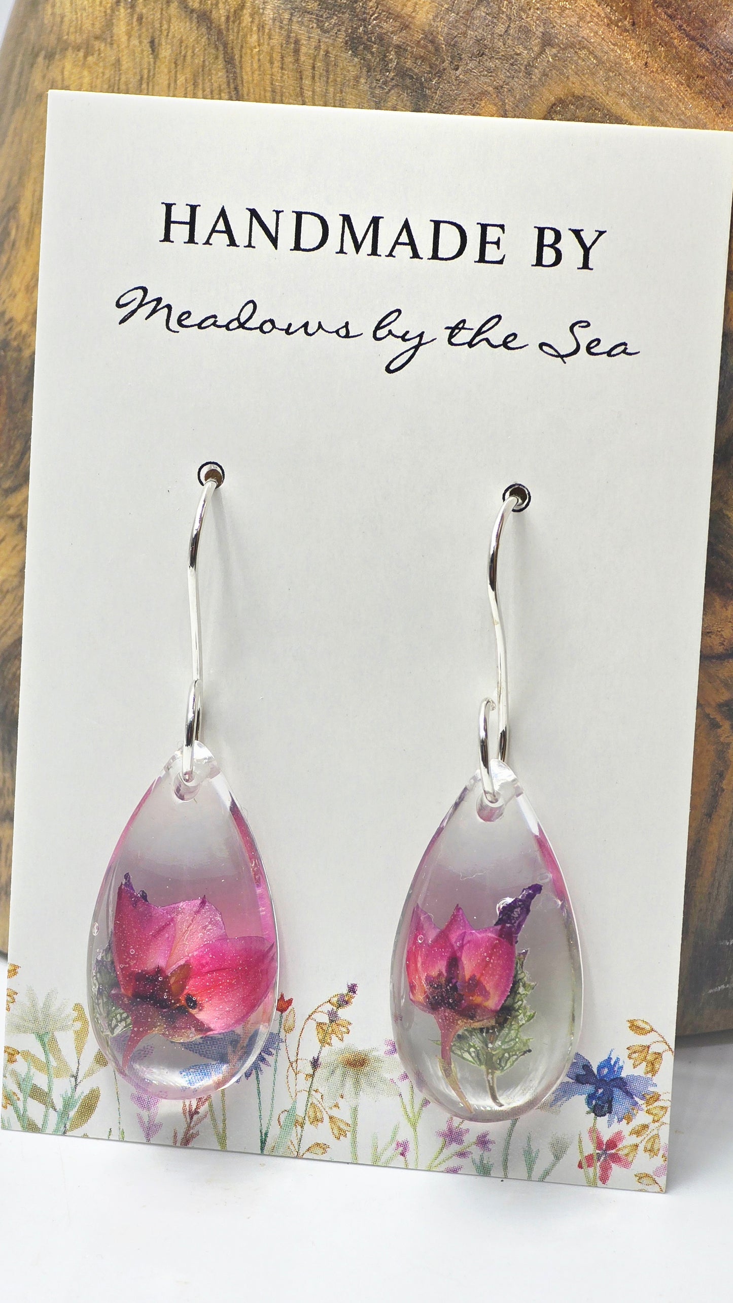 Earrings featuring wildflower specimens of Preserved Boronia & Lavender, secured on a .925 Sterling Silver Hook