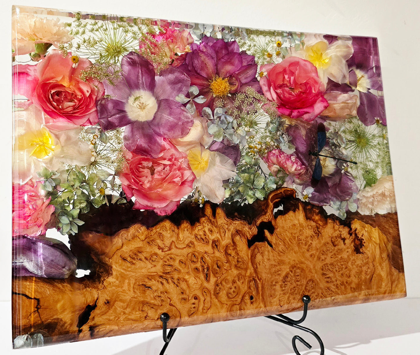 Flower Board featuring a stunning Preserved Dragonfly with Tulips, David Austen Roses, Hydrangea, Queen Annes Lace & Carnations