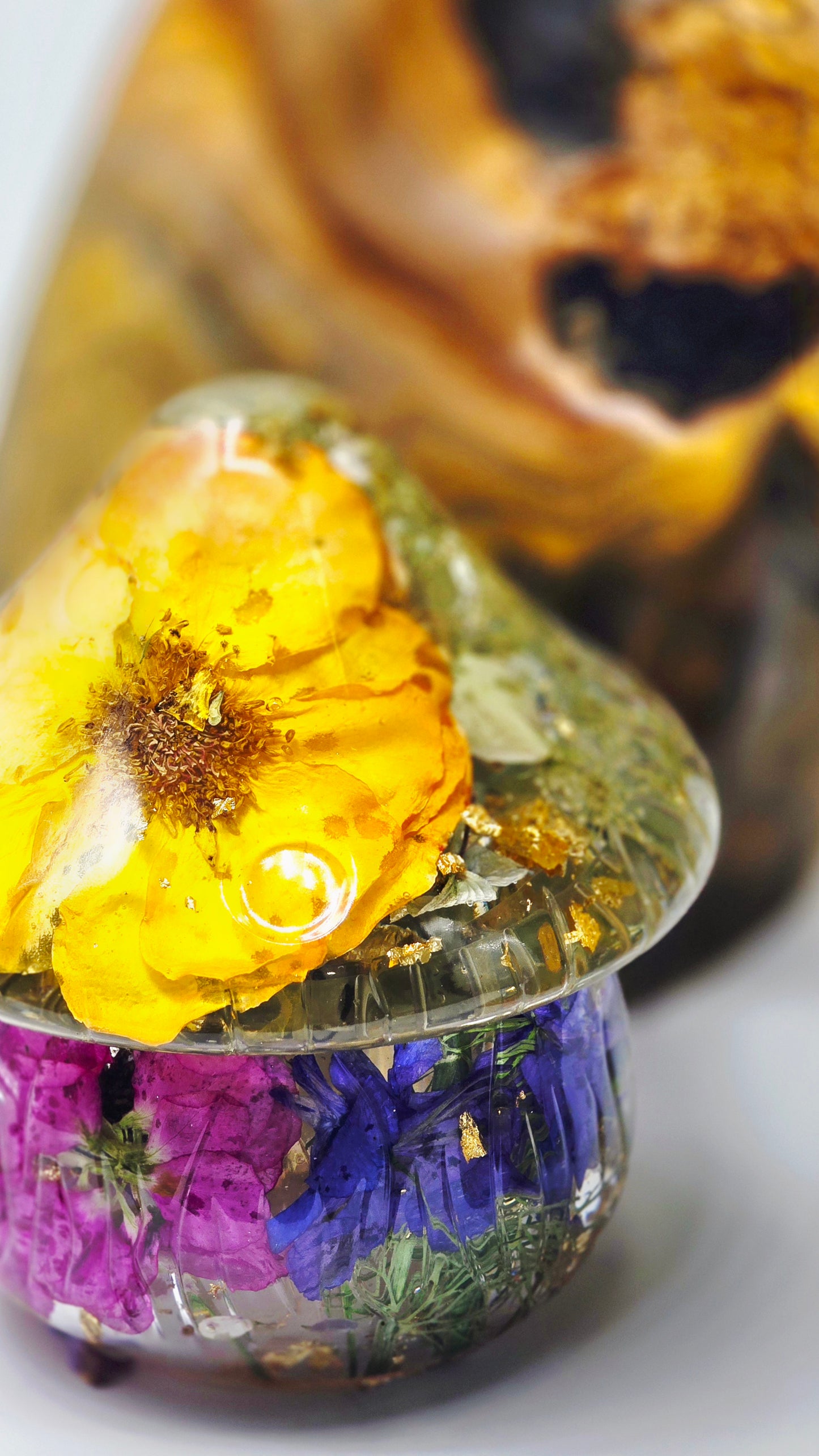 Mushroom Trinket Jar featuring Real Preserved David Austen Rose, Stock, Delphinium, Queen Annes Lace, Hydrangea, Larkspur, Lavender, Chamomile & Forget-me-not set in Resin