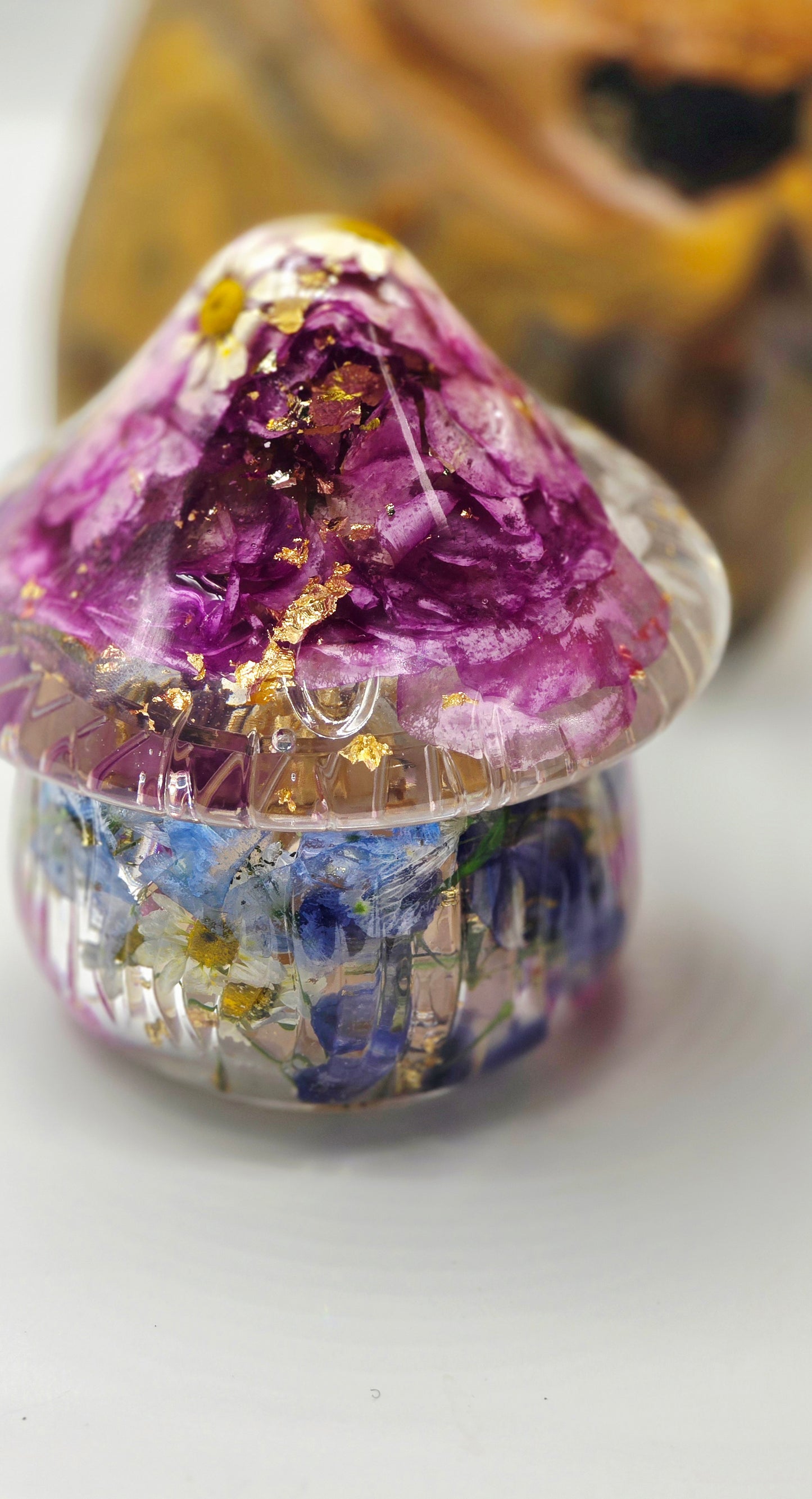 Mushroom Trinket Jar featuring Real Preserved Butterfly Delphinium, David Austen Rose, Chamomile, Stock & Hydrangea set in Resin