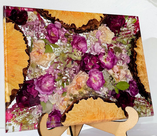 Flower Board with Eucalyptus burl timber pieces - Roses, Flannel Flower, Queen Anne's Lace, Hydrangea, Berzellia and Amaranthus.