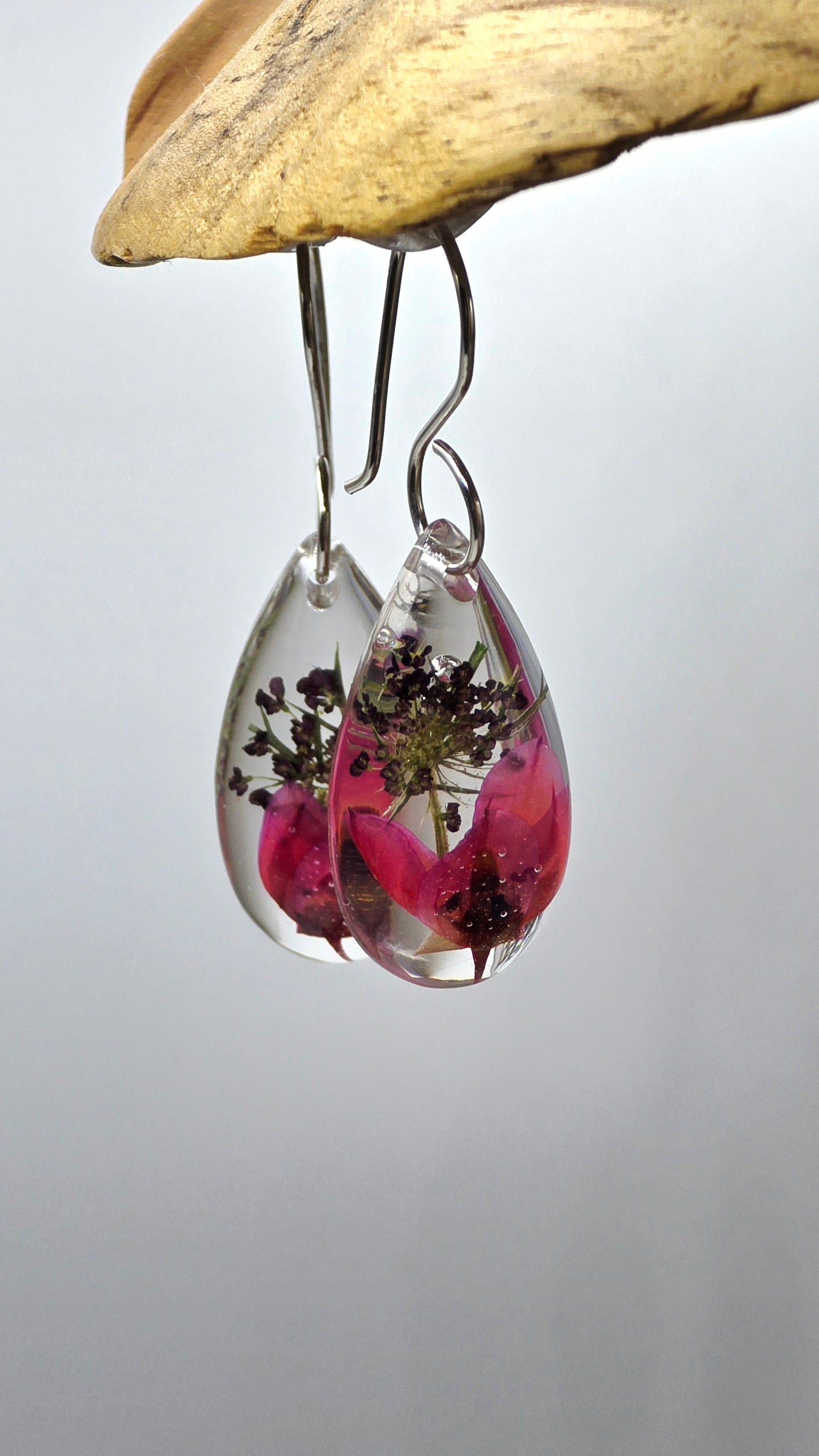 Earrings featuring wildflower specimens of Preserved Boronia & Chocolate Queen Annes Lace secured on a .925 Sterling Silver Hook