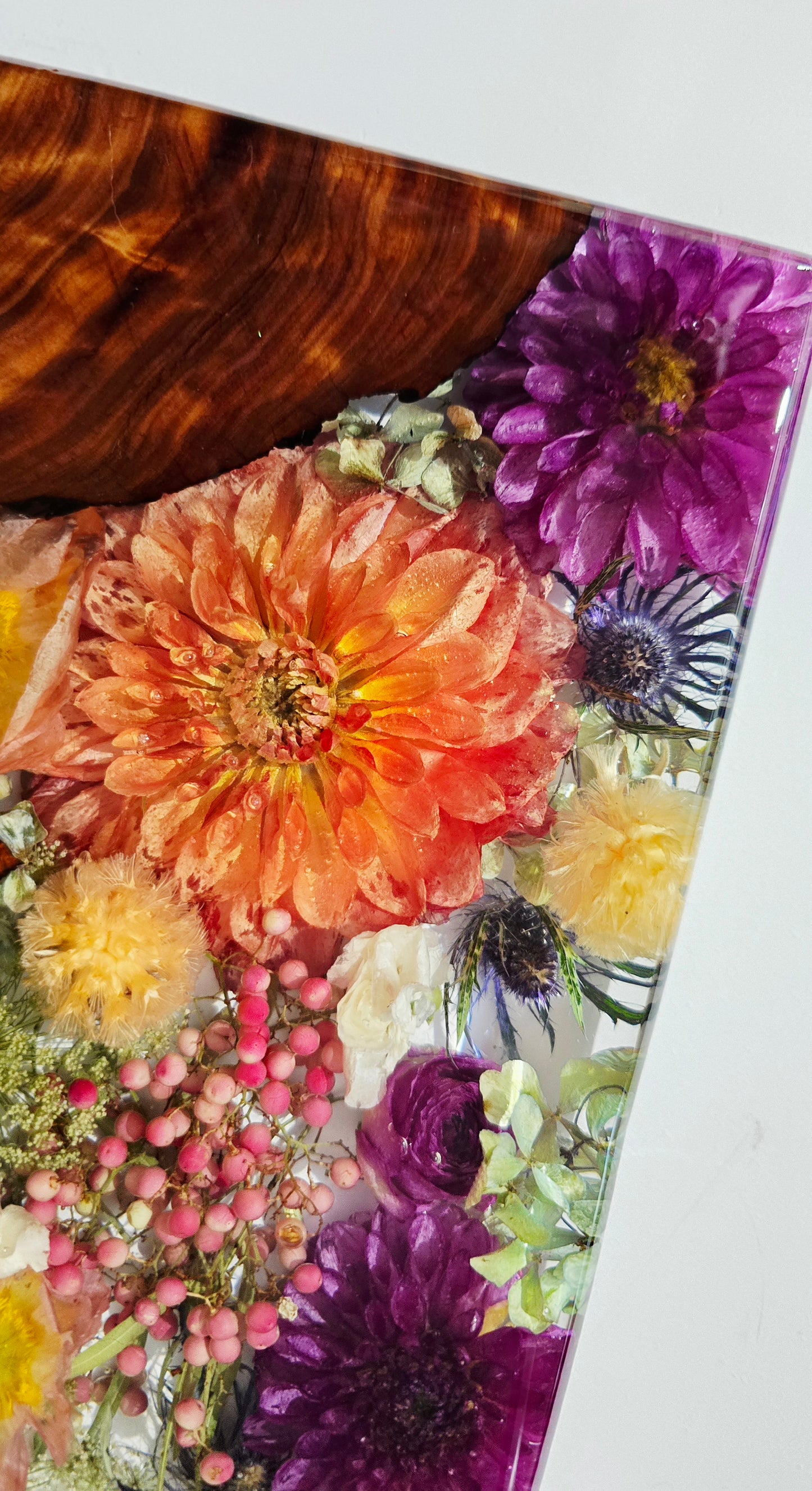 Flower Board featuring Dahlias, Peppercorn, Poppies, Scabiosa, Sea Holly, Hydrangea, Blushing Bride and Queen Anne's Lace set in Resin with Timber
