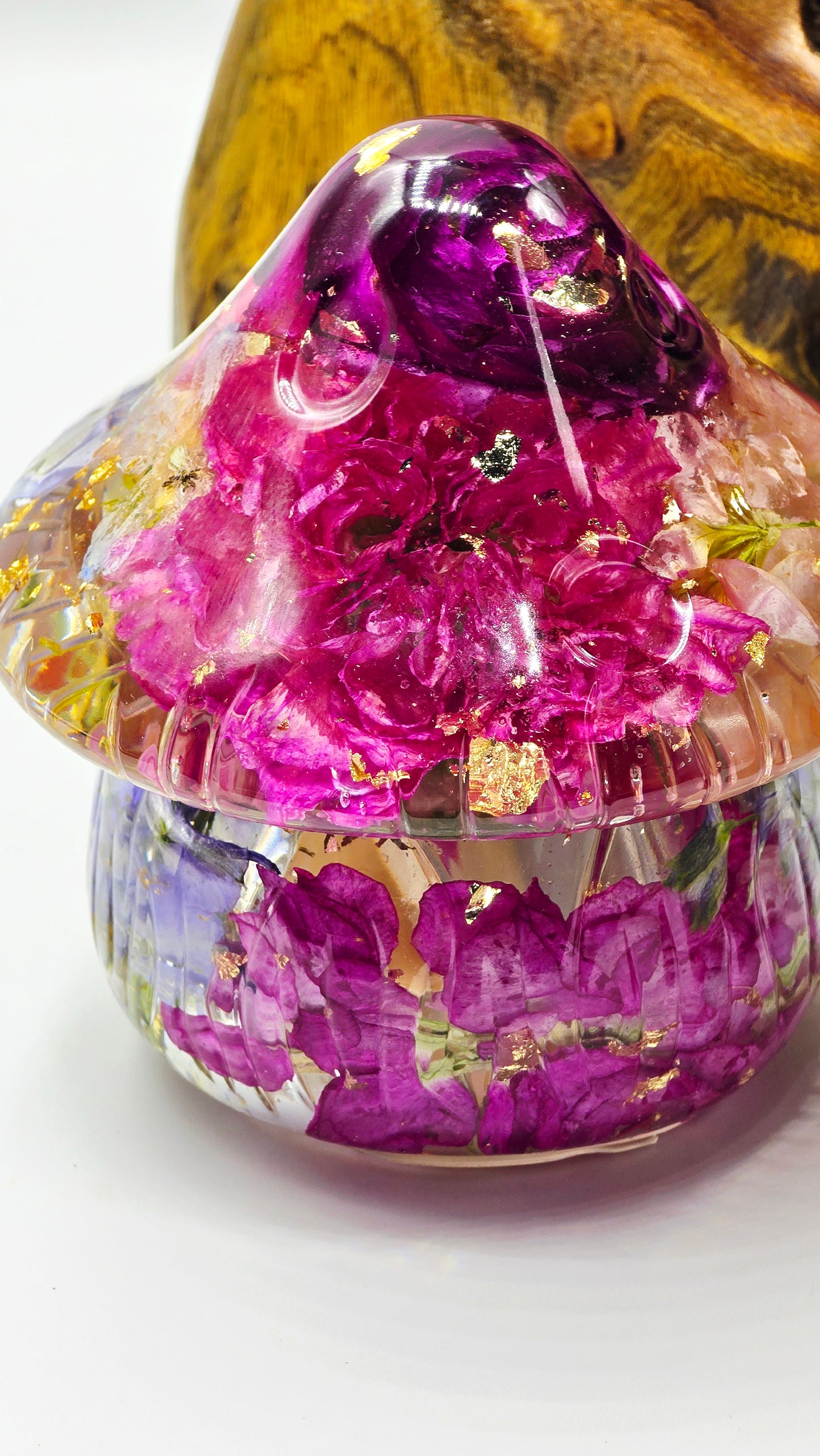 Mushroom Trinket Jar featuring Preserved Delphinium, Stock, Orchid, Rose, Ranunculus, Carnation, Lavender & Chamomile set in Resin