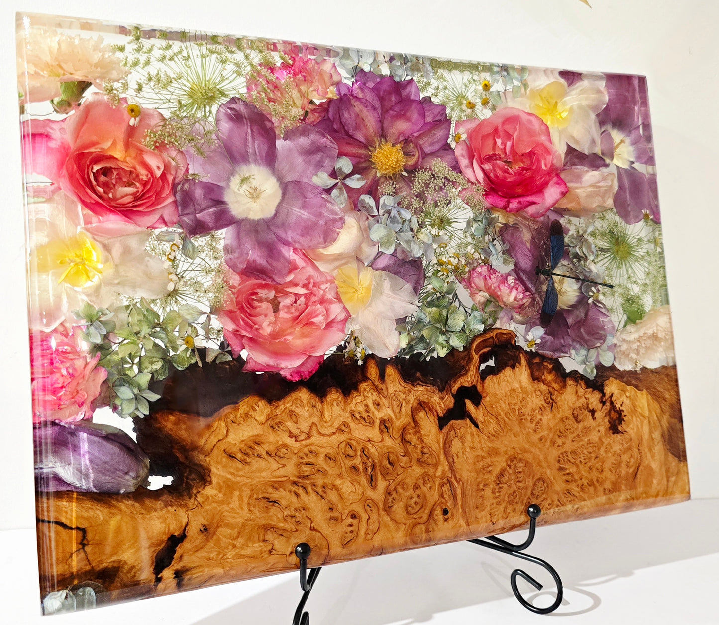 Flower Board featuring a stunning Preserved Dragonfly with Tulips, David Austen Roses, Hydrangea, Queen Annes Lace & Carnations