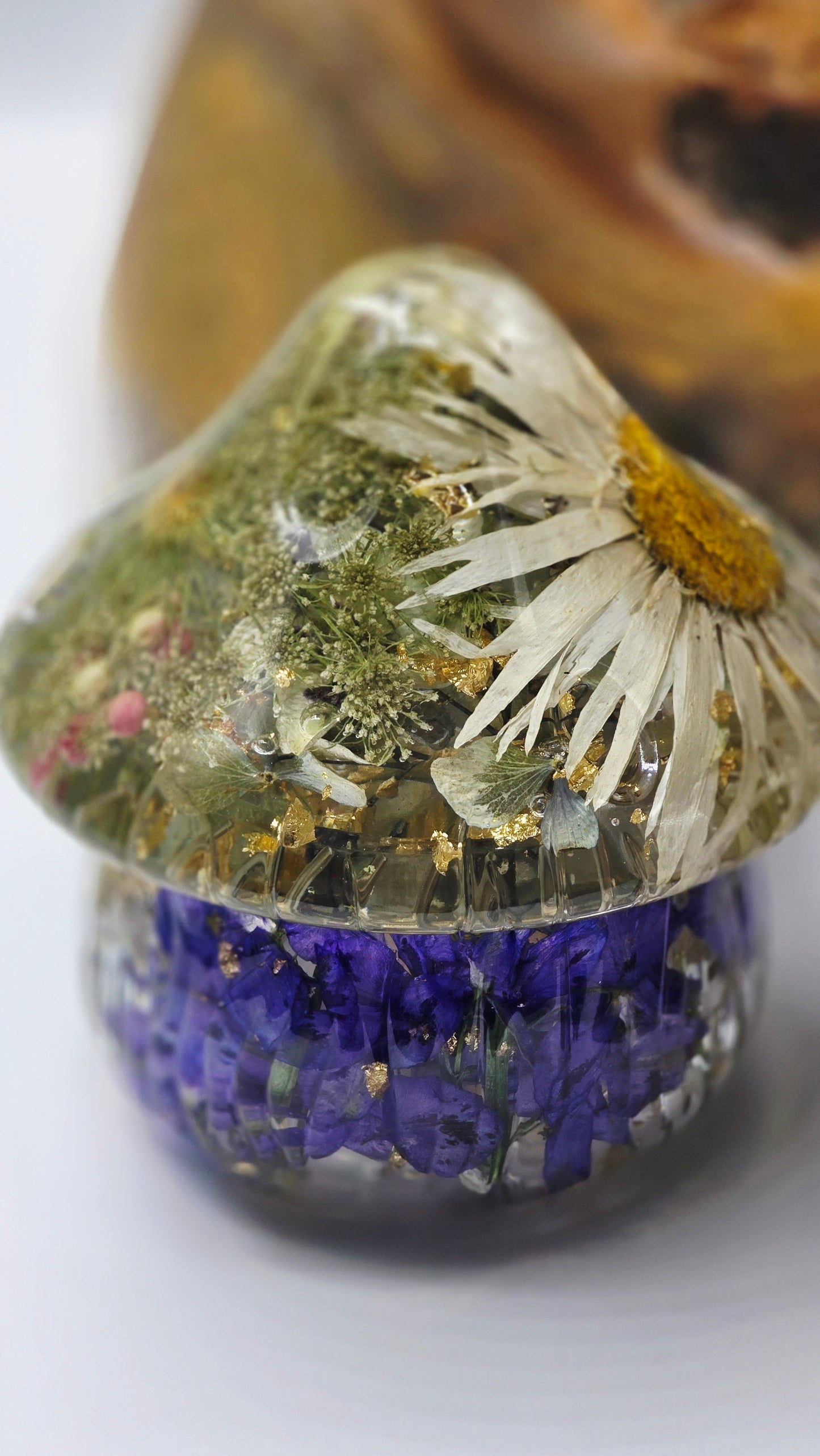 Mushroom Trinket Jar featuring Real Preserved Preserved Peppercorn, Shasta Daisy,  Chamomile, Hydrangea, Larkspur, Delphinium & Queen Anne's Lace