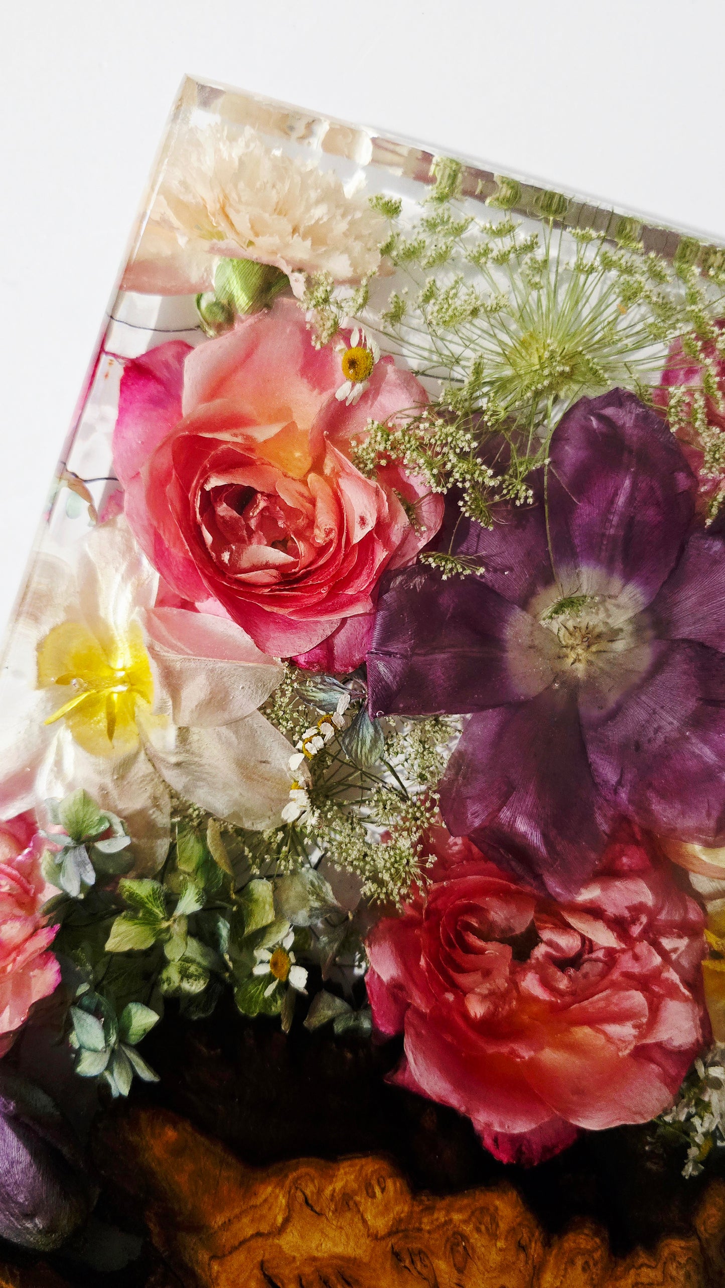 Flower Board featuring a stunning Preserved Dragonfly with Tulips, David Austen Roses, Hydrangea, Queen Annes Lace & Carnations