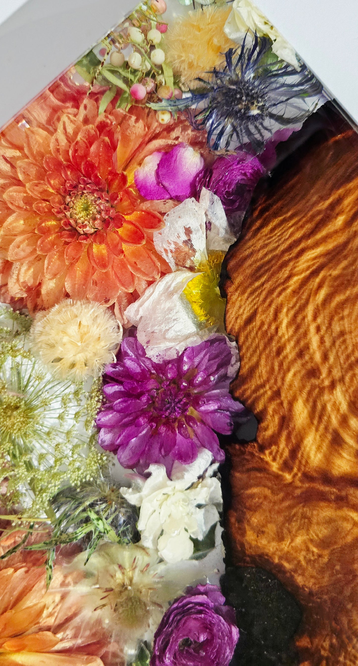 Flower Board featuring Dahlias, Peppercorn, Poppies, Scabiosa, Sea Holly, Hydrangea, Blushing Bride and Queen Anne's Lace set in Resin with Timber