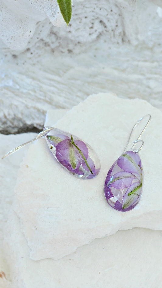 Earrings featuring wildflower specimens of Preserved Larkspur secured on a .925 Sterling Silver Hook