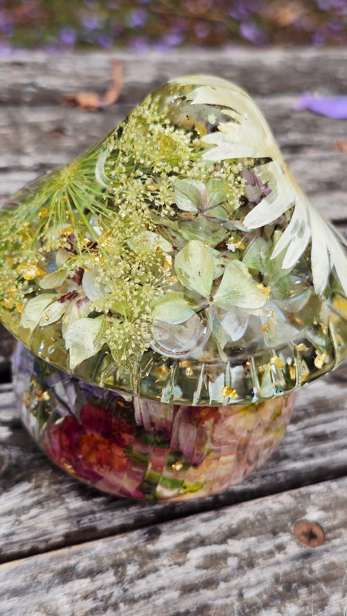 Mushroom Trinket Jar featuring real Preserved Queen Annes Lace, Shasta Daisy, Hydrangea, Delphinium, Lavender, Snapdragon & Stock set in Resin