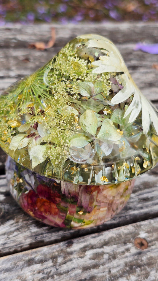 Mushroom Trinket Jar featuring real Preserved Queen Annes Lace, Shasta Daisy, Hydrangea, Delphinium, Lavender, Snapdragon & Stock set in Resin