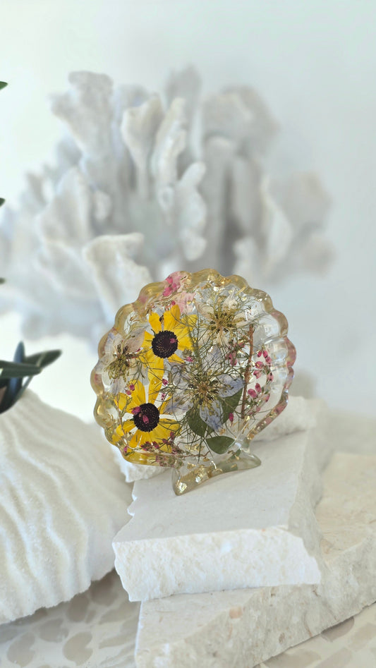 Shell Trinket Tray featuring real preserved flowers in resin