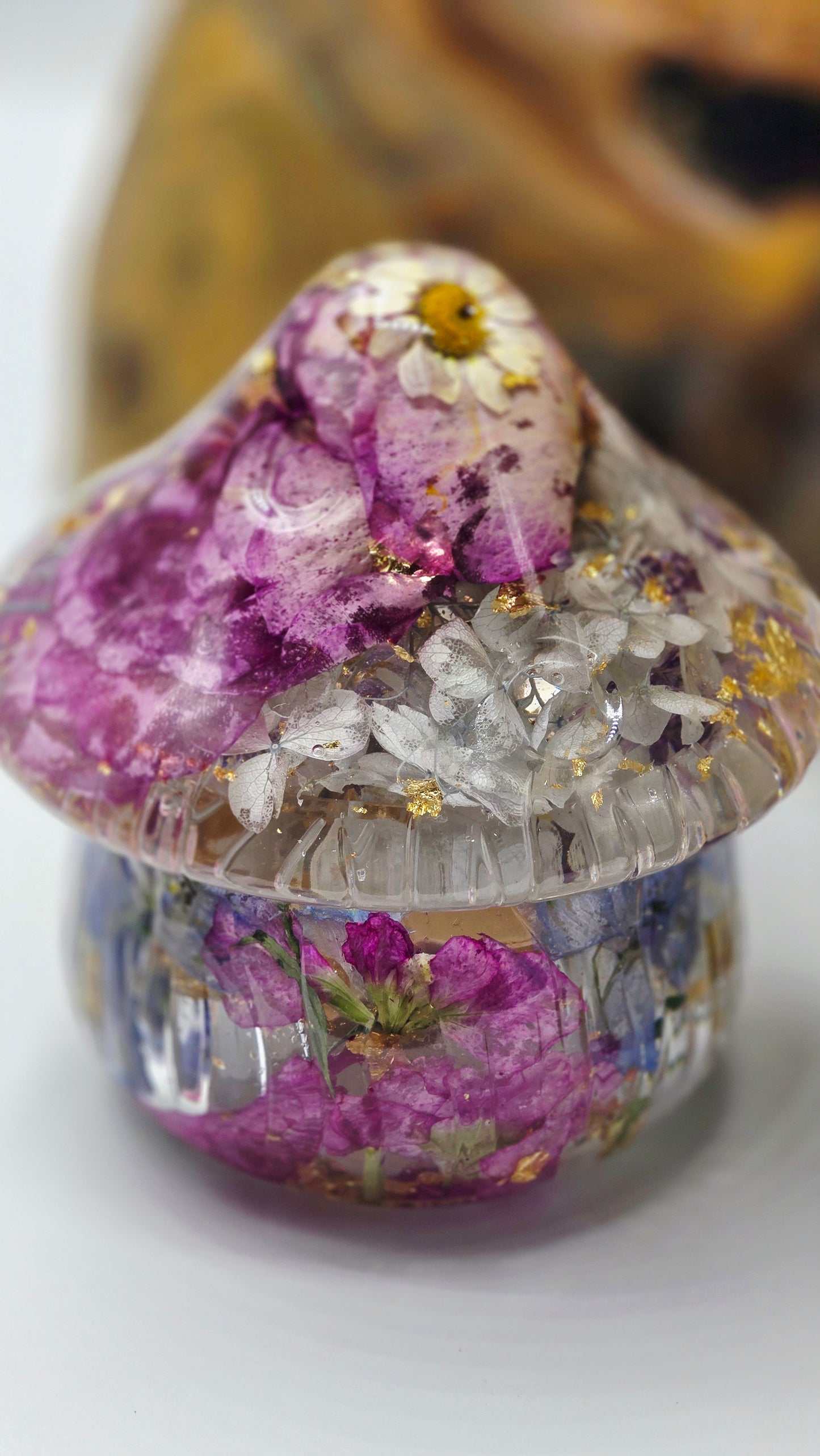 Mushroom Trinket Jar featuring Real Preserved Butterfly Delphinium, David Austen Rose, Chamomile, Stock & Hydrangea set in Resin