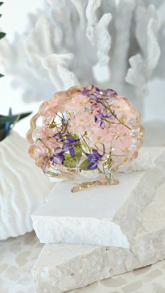 Shell Trinket Tray featuring real preserved flowers in resin