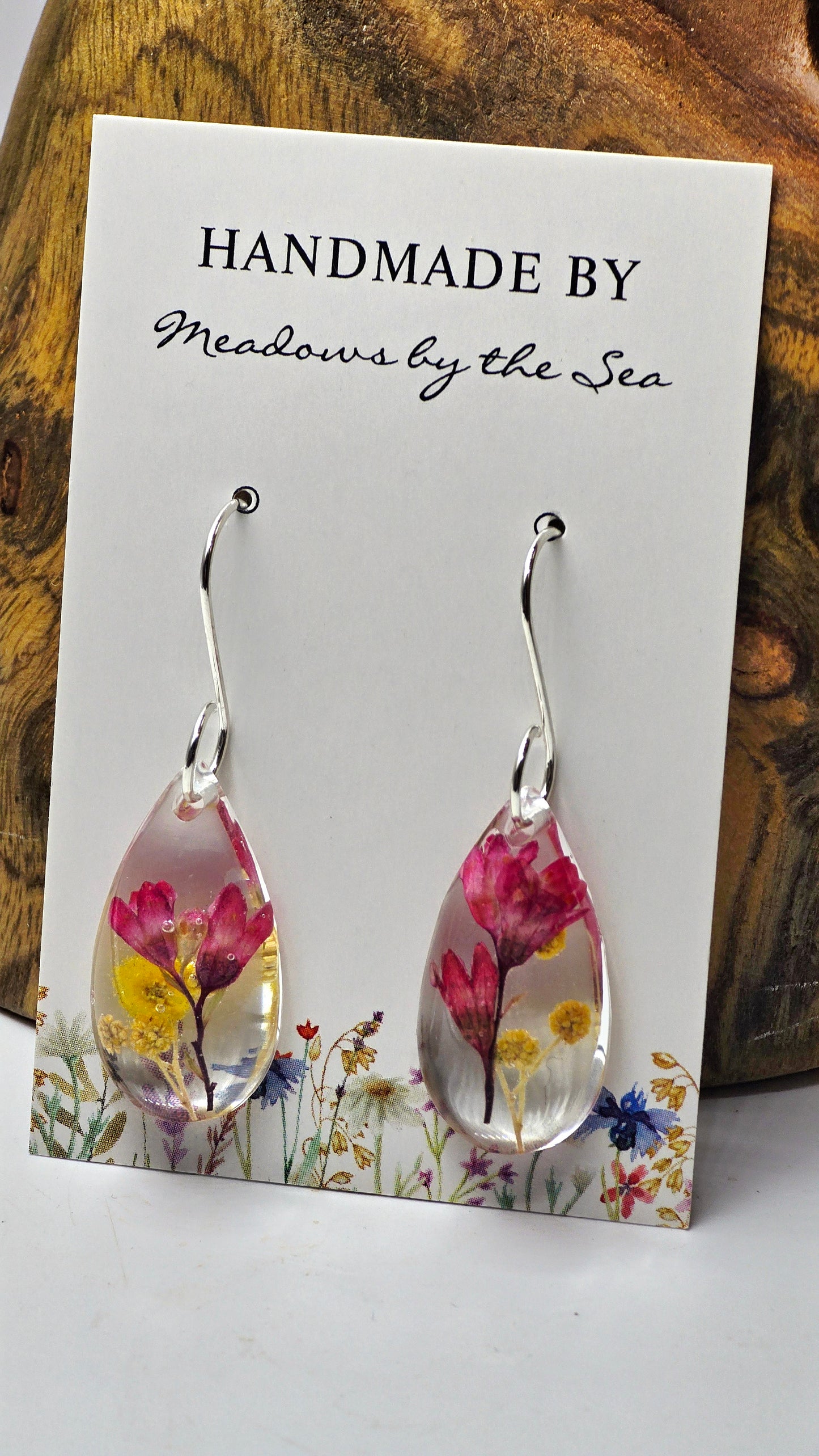 Earrings featuring wildflower specimens of Preserved Coral Bells & Wattle, secured on a .925 Sterling Silver Hook