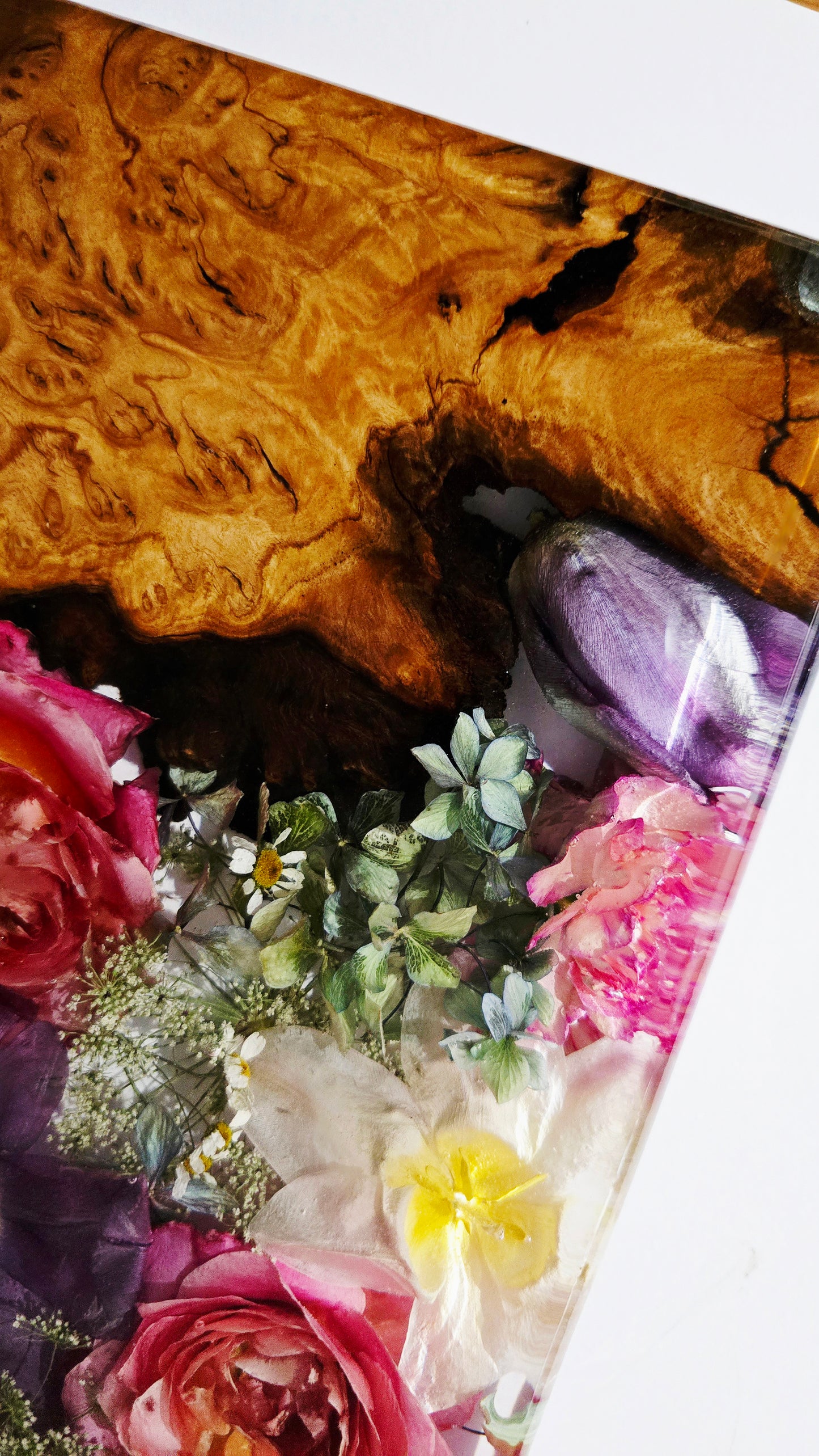 Flower Board featuring a stunning Preserved Dragonfly with Tulips, David Austen Roses, Hydrangea, Queen Annes Lace & Carnations