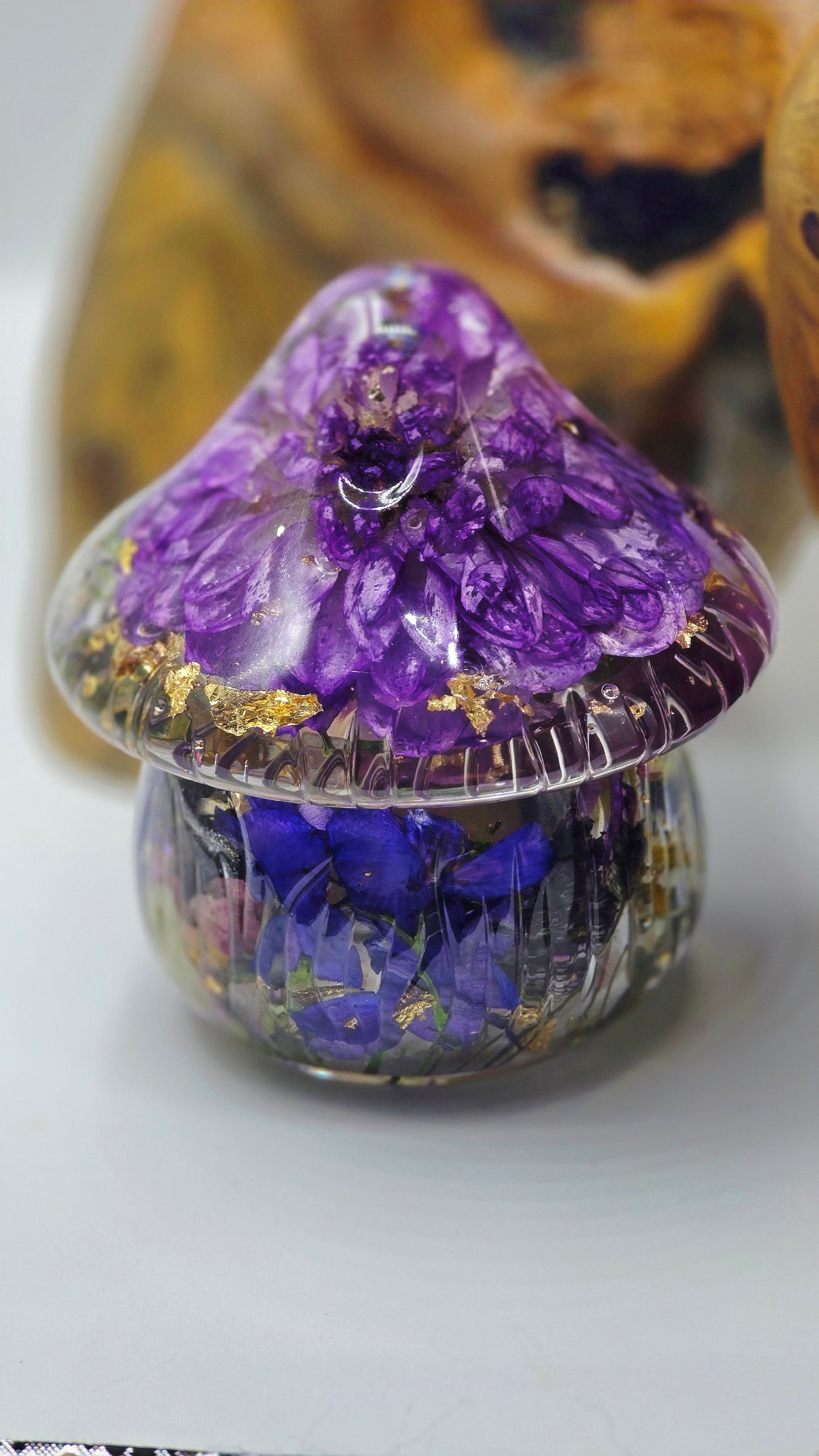 Mushroom Trinket Jar featuring Real Preserved Dahlia, Rose, Delphinium, Larkspur, Snapdragon, Lavender & Chamomile set in resin