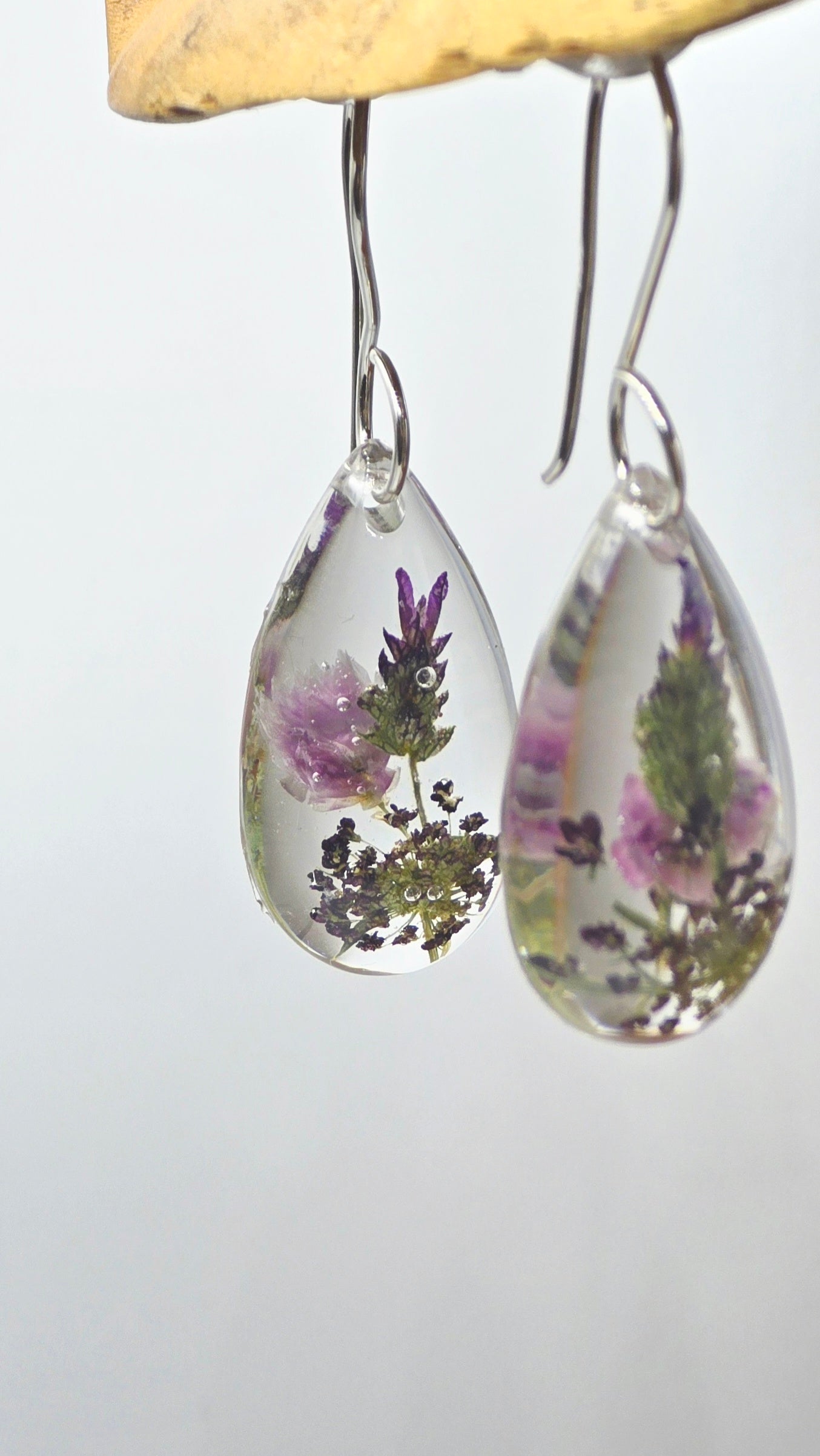 Earrings featuring wildflower specimens of Preserved Rhodanthe, Lavender & Chocolate Queen Anne's Lace, secured on a .925 Sterling Silver Hook