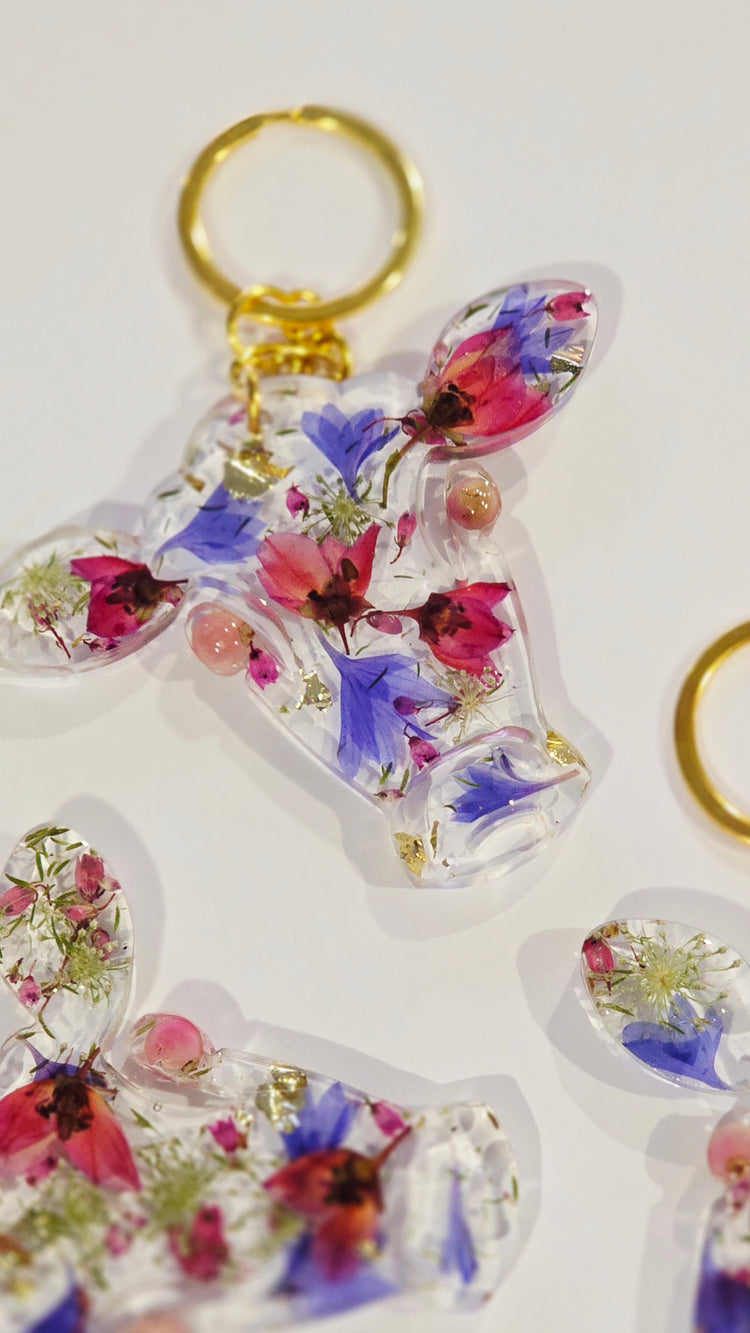 Cow Head Keyring with Preserved Flowers